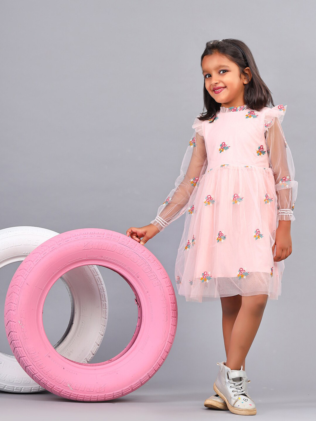 ZION Girls Floral Embroidered Puff Sleeve Ruffled Tulle Net Fit & Flare Dress