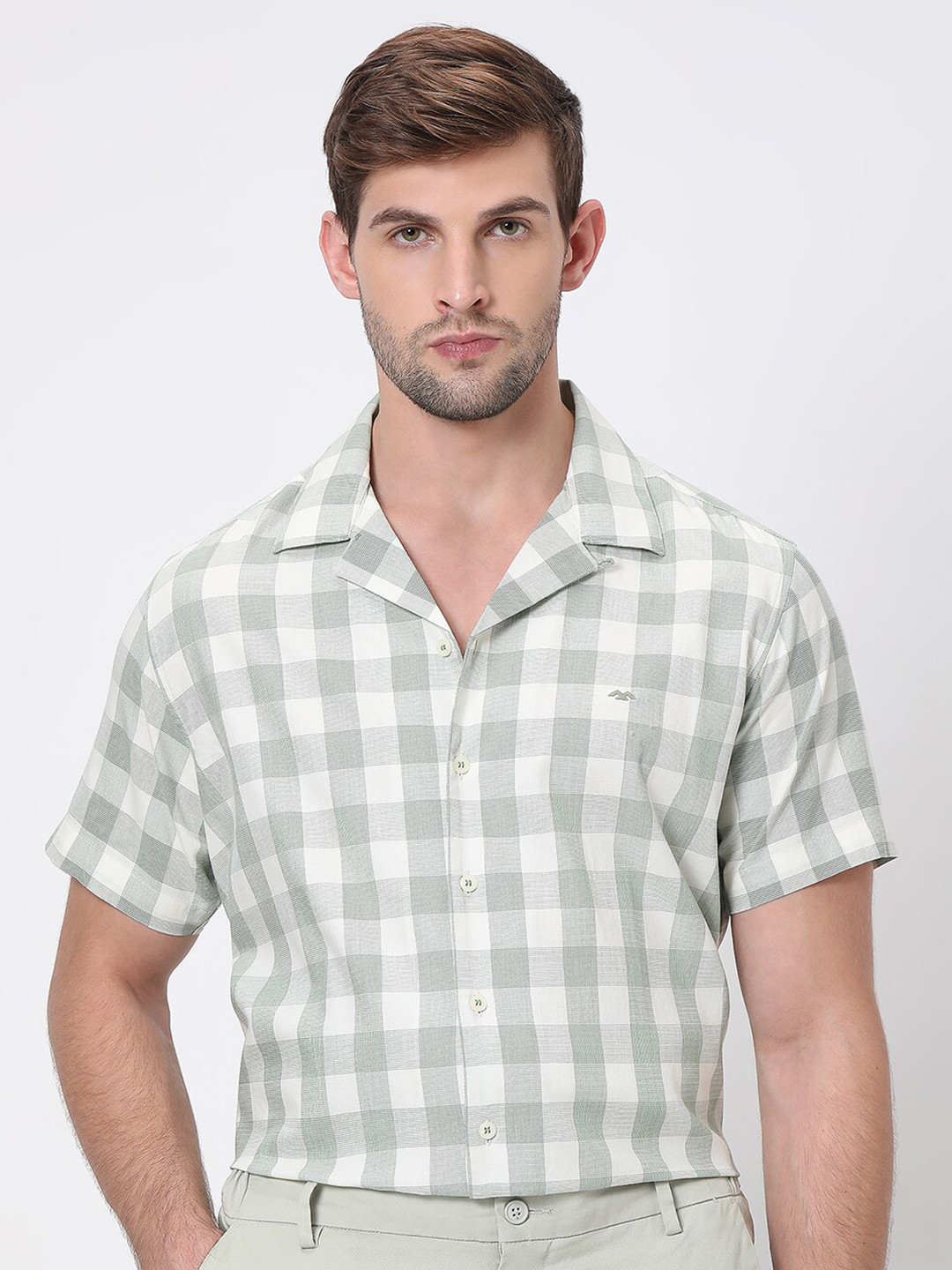 Mufti Relaxed Gingham Checked Cuban Collar Cotton Casual Relaxed Fit Shirt