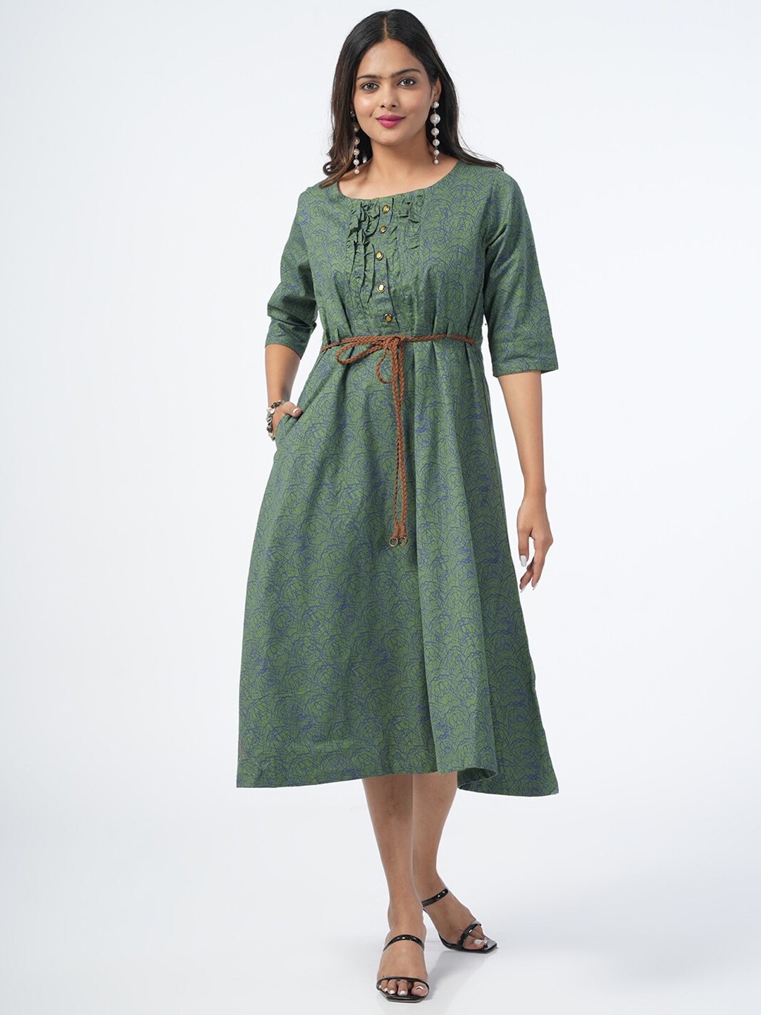 Genius18 Floral Printed A-Line Midi Dress