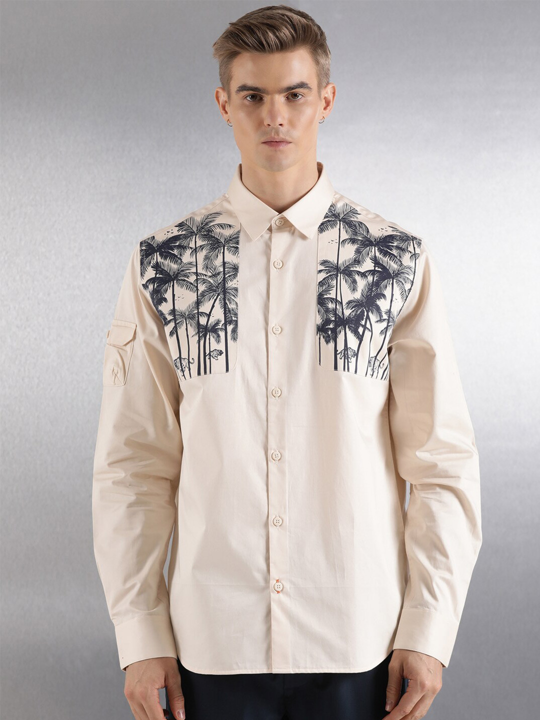 Breakbounce Beige Boxy Tropical Printed Cotton Casual Shirt