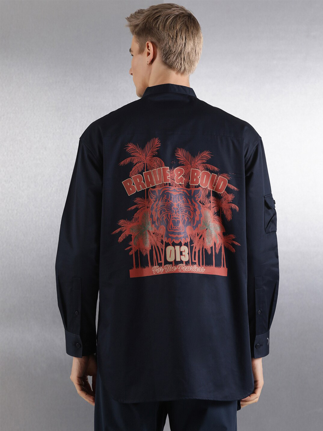 Breakbounce Navy Blue Graphic Printed Cotton Oversized Casual Kurta Shirt