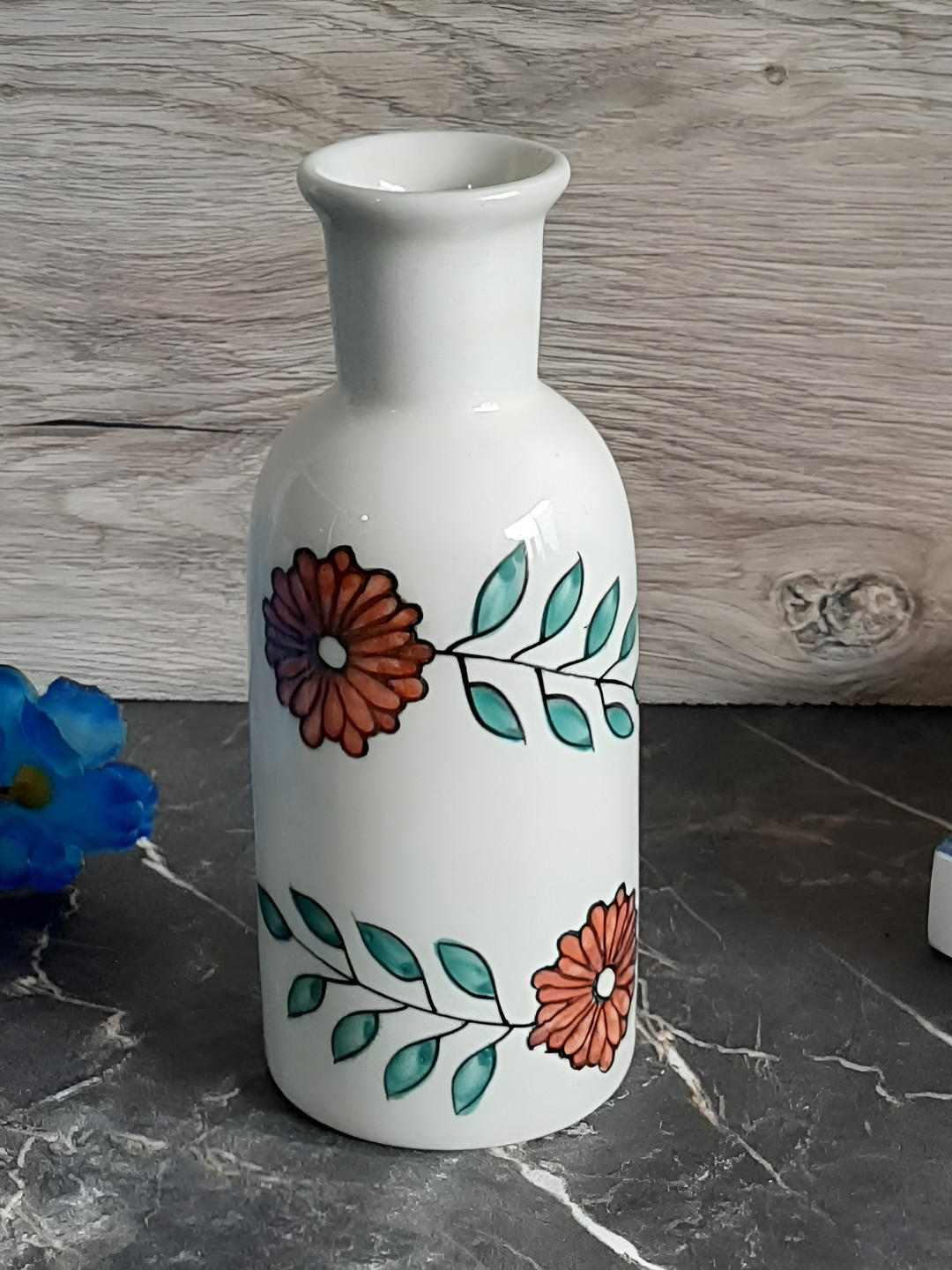 INDIA MEETS INDIA White Green Printed Ceramic Flower Vase