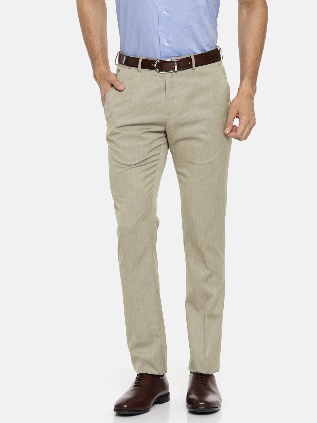 Buy Van Heusen Men Beige Skinny Fit Self Design Formal Trousers ...