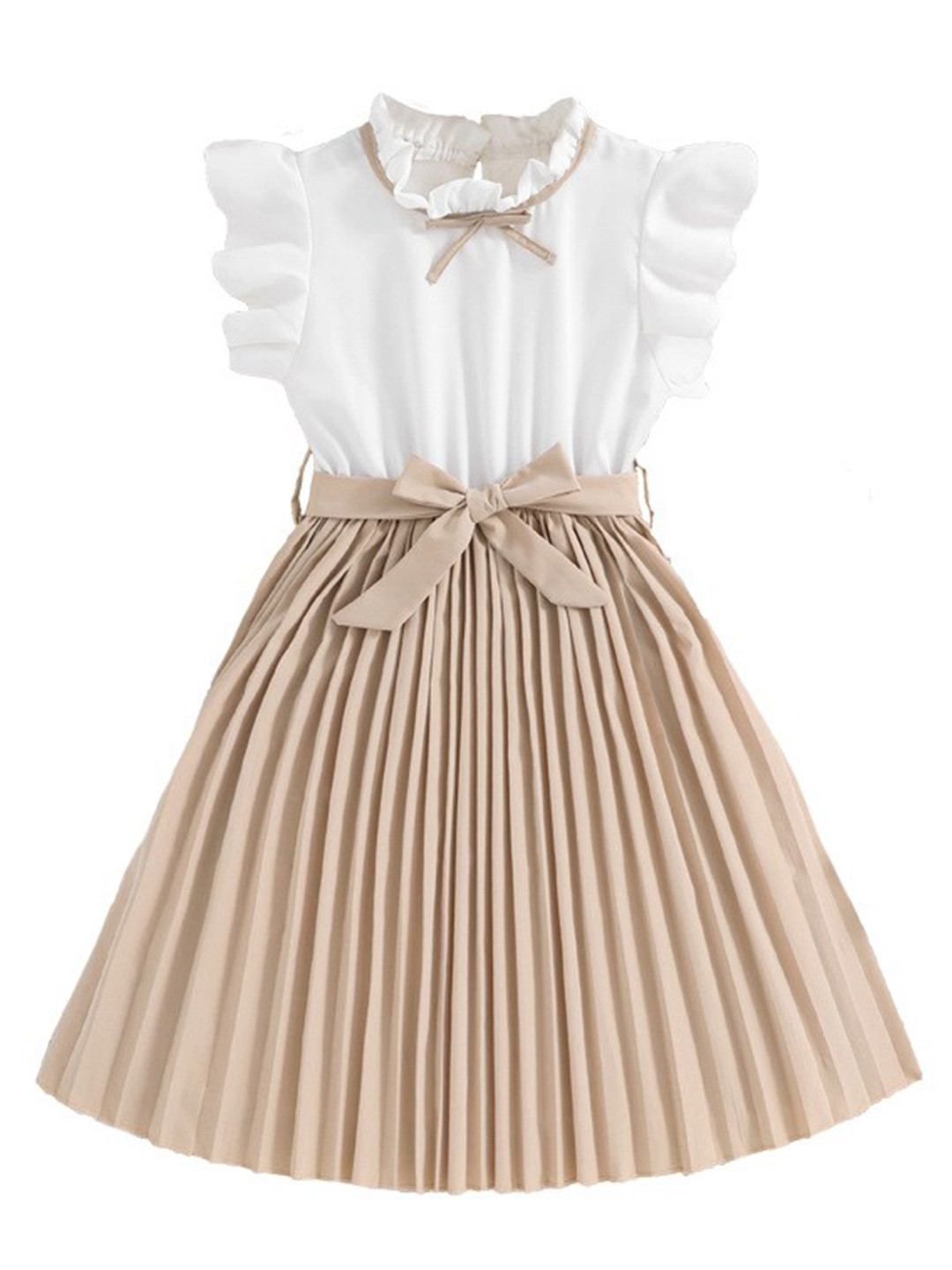 StyleCast x Revolte Girls Beige & White Striped Flutter Sleeve Fit & Flare Maxi Dress