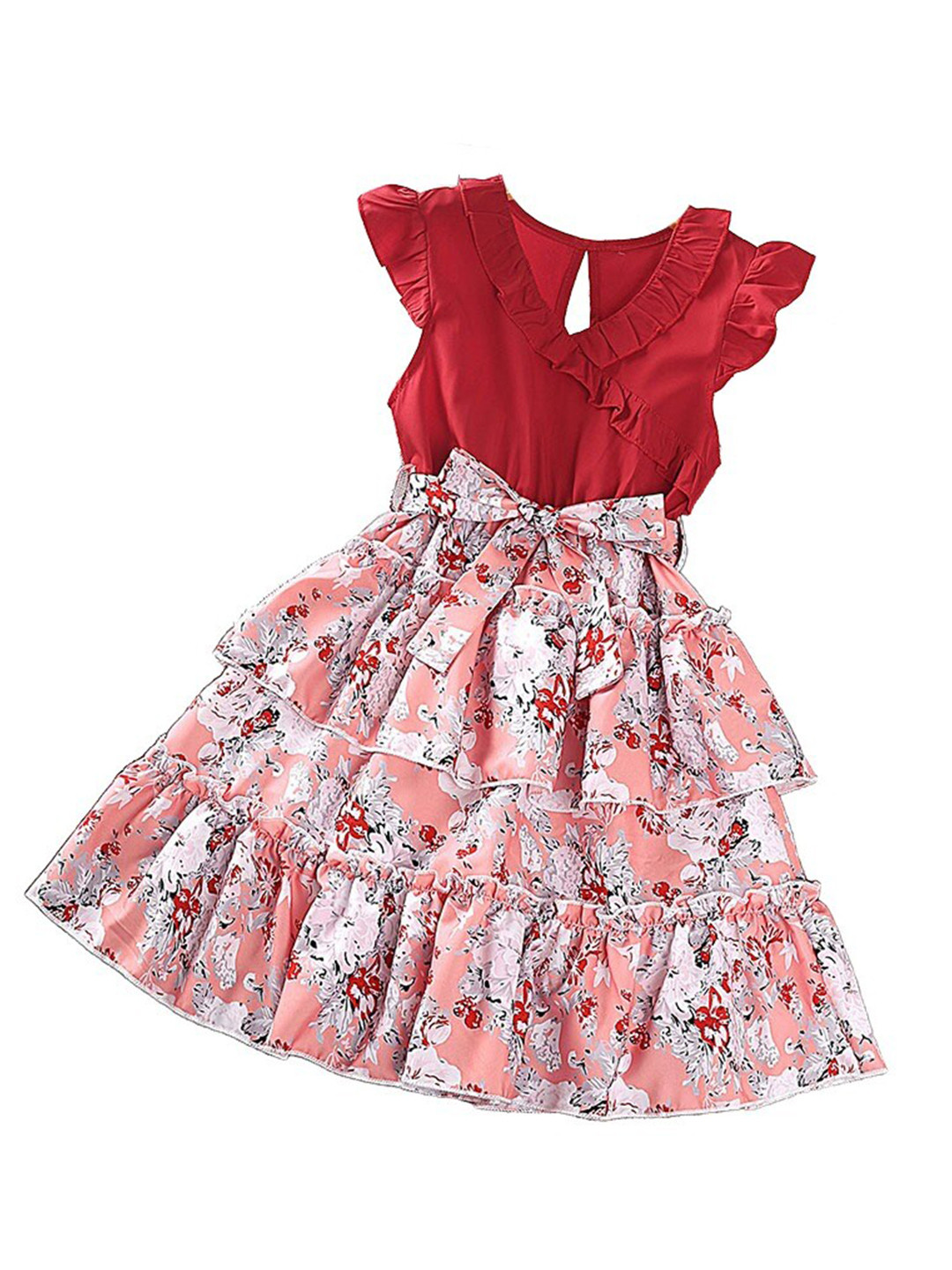 StyleCast x Revolte Girls Red & White Floral Printed Layered Fit & Flare Dress