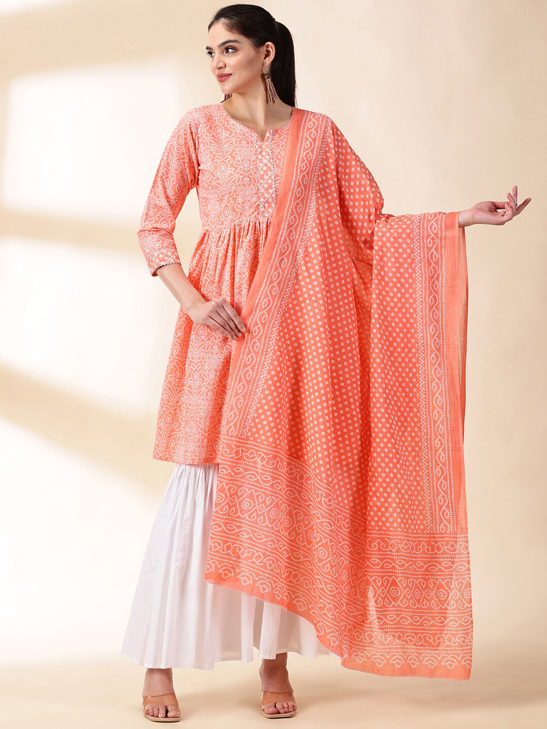 DIVINATION Bandhani Printed Gotta Patti Pure Cotton Kurta With Sharara & Dupatta