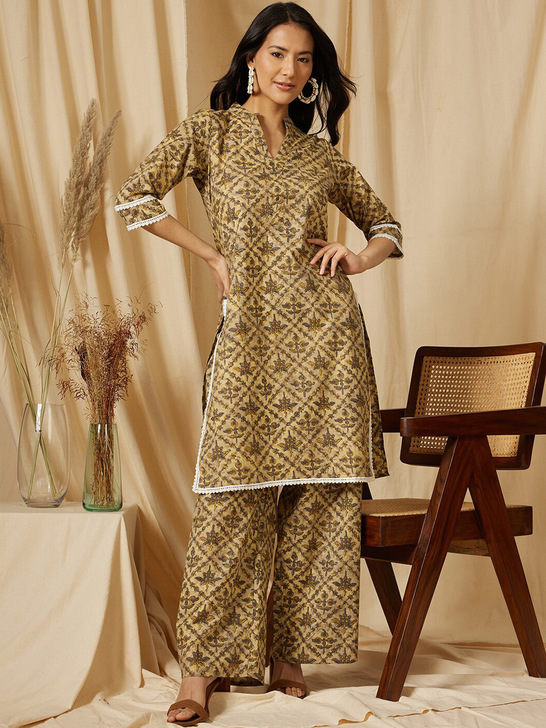 Ginni Arora Label Printed Mandarin Collar Pure Cotton Top & Palazzos