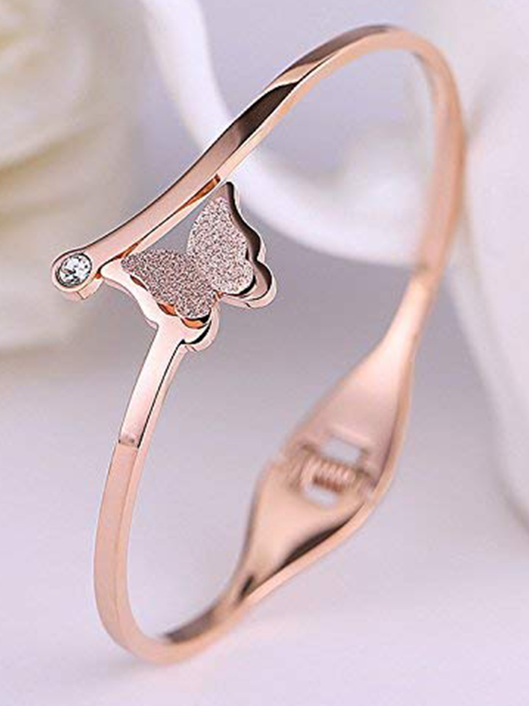 MEENAZ Stainless Steel American Diamond Antique Rose Gold-Plated Bangle-Style Bracelet