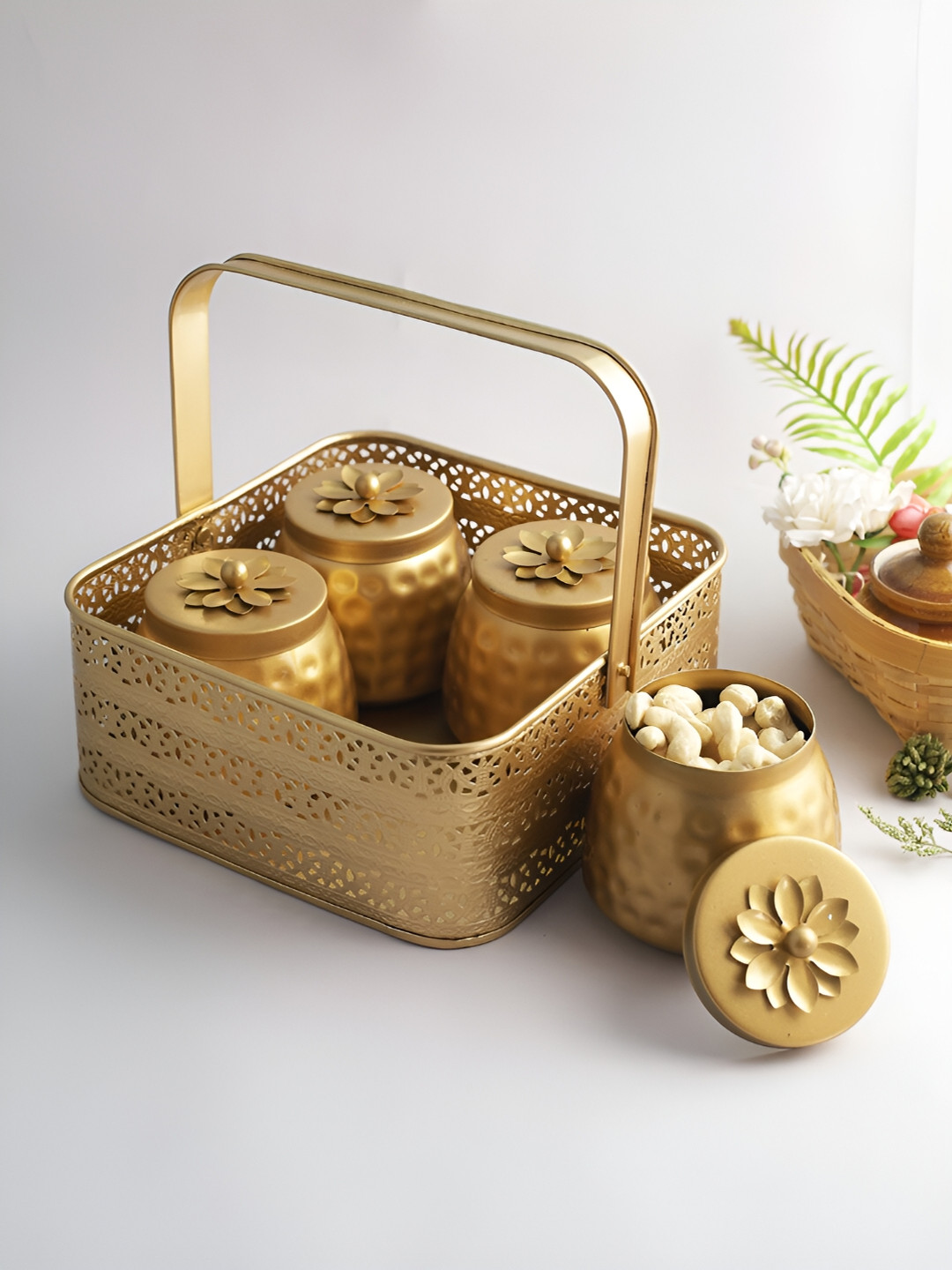 Aapno Rajasthan Brown Abstract Cast Iron 5 Piece Clip-On Jar