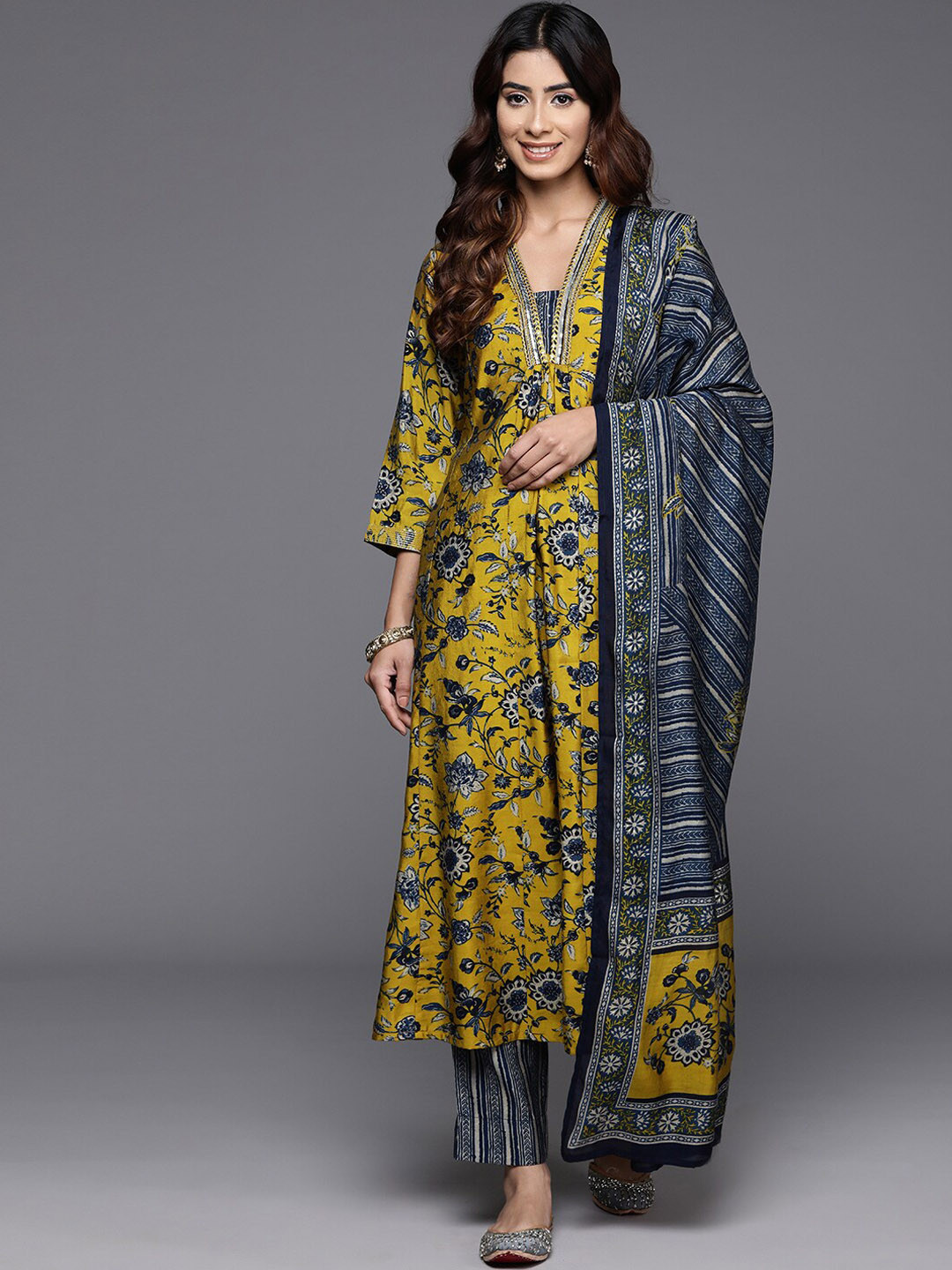 Mitera V-Neck Floral Printed Regular Sequinned Chanderi Silk Kurta Set