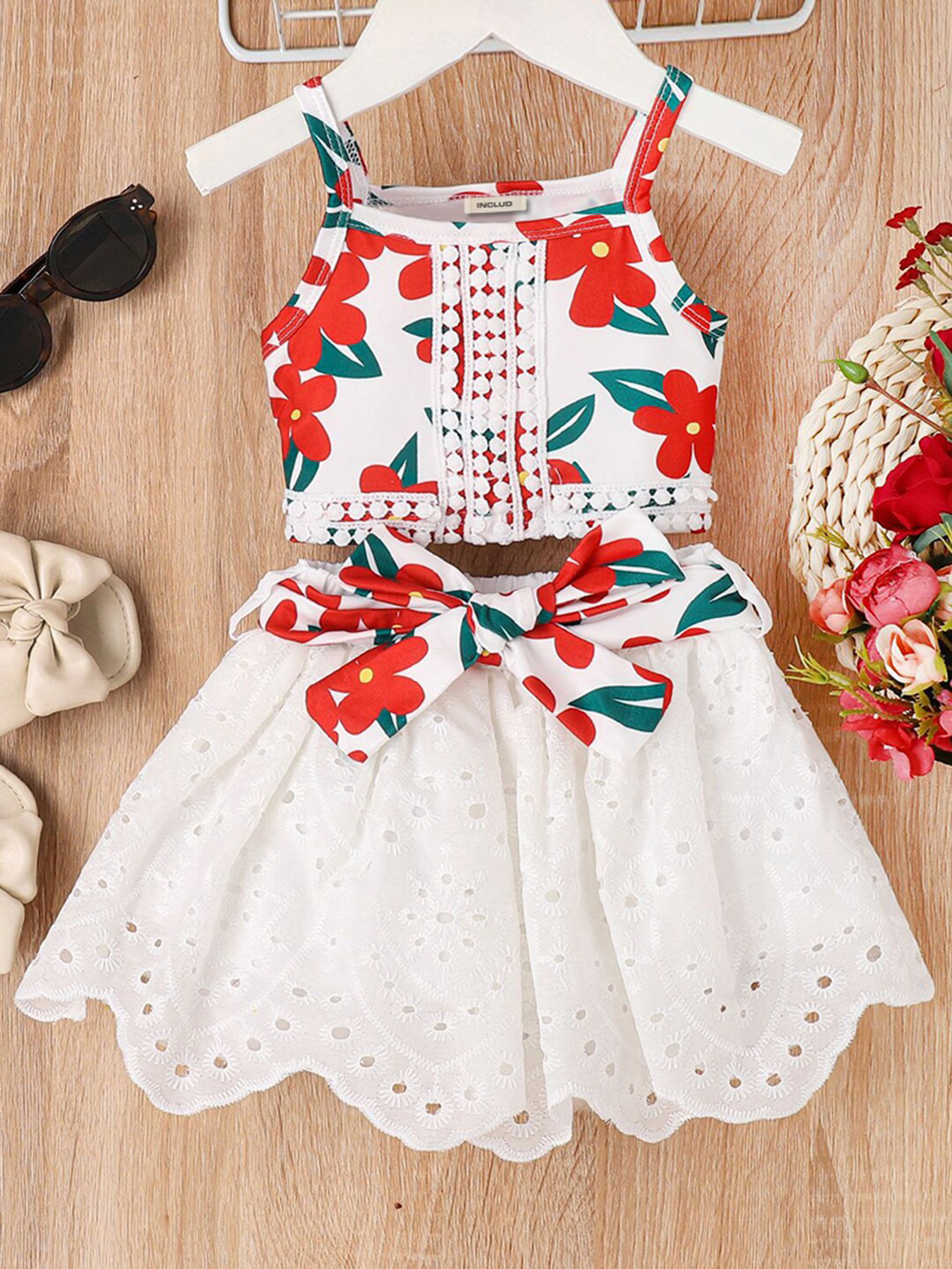INCLUD Girls Floral Printed Shoulder Straps Top With Skirt