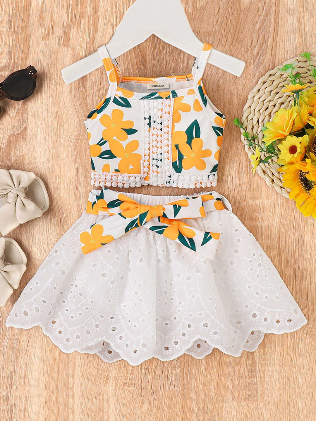 INCLUD Girls Floral Printed Shoulder Straps Top with Schiffli Skirt Set