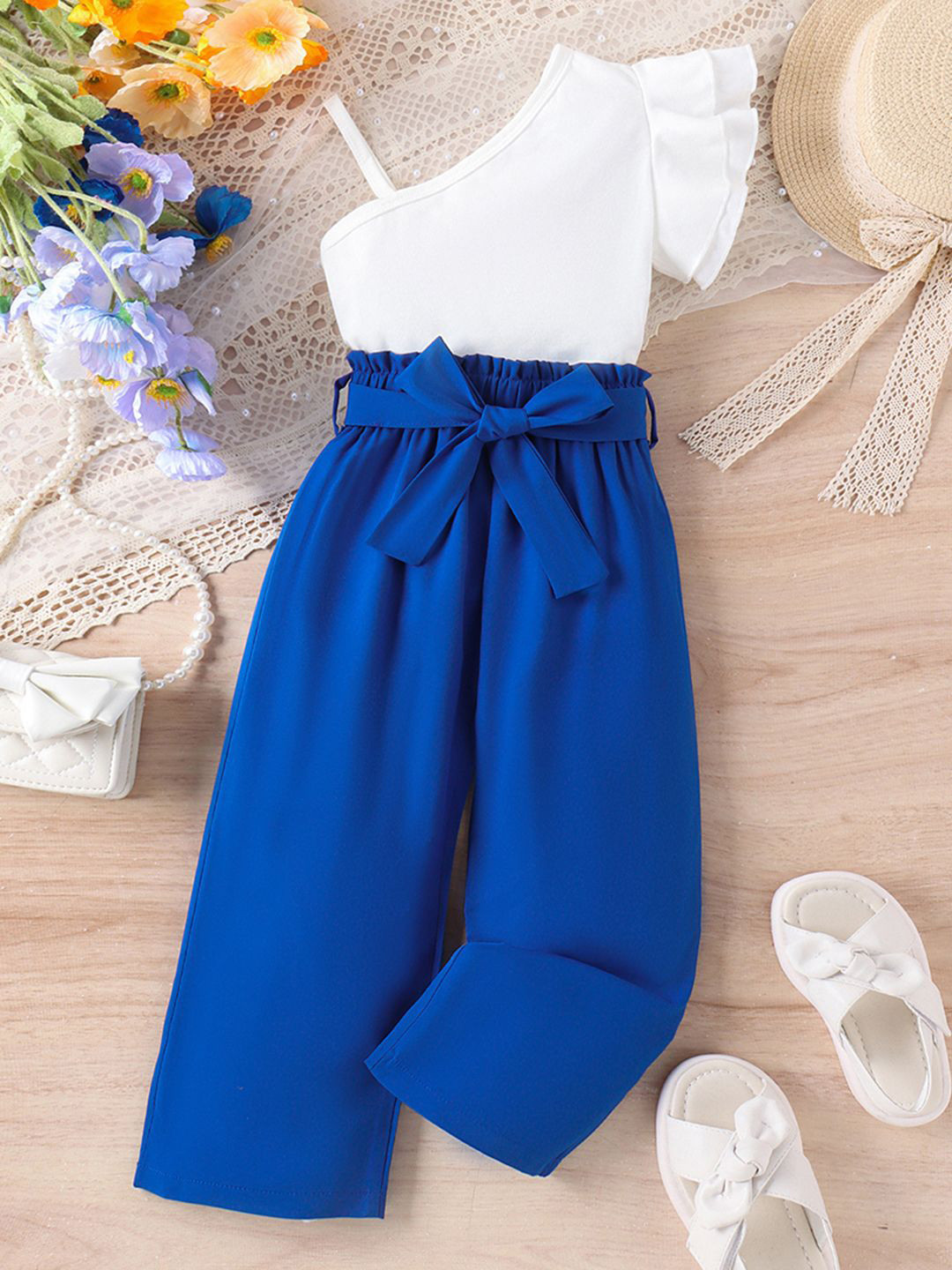 INCLUD Girls One Shoulder Top with Paperbag Pants Set