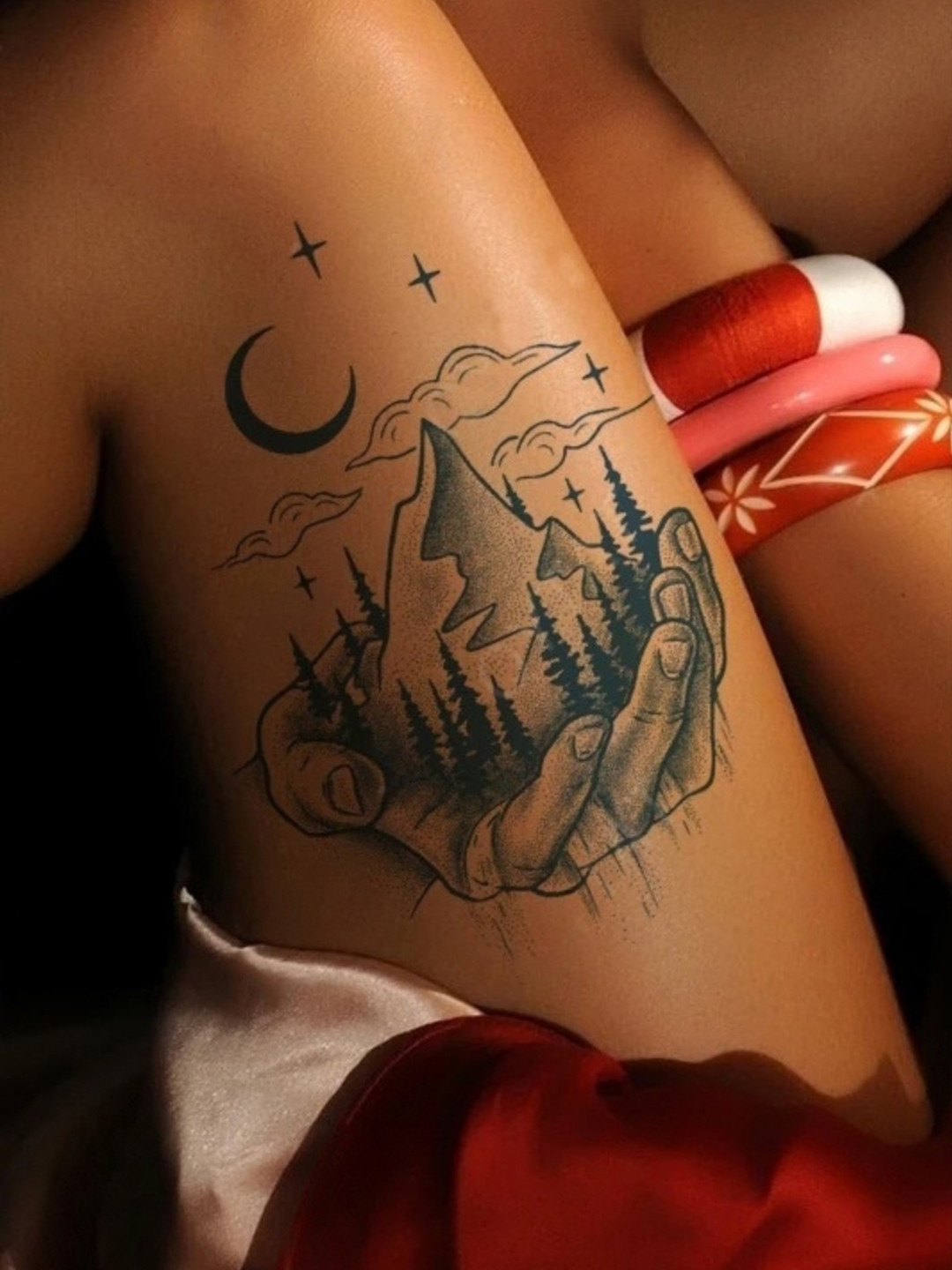 LICK Plant Base Semi Temporary Mountain Scene on Palm Matte Finish Body Tattoo - Navy Blue