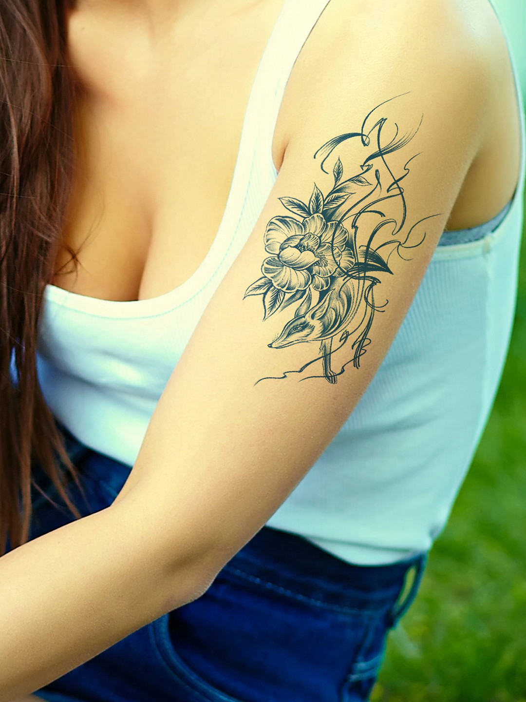 LICK Plant Base Semi Temporary Floral Pattern Matte Finish Body Tattoo - Navy Blue