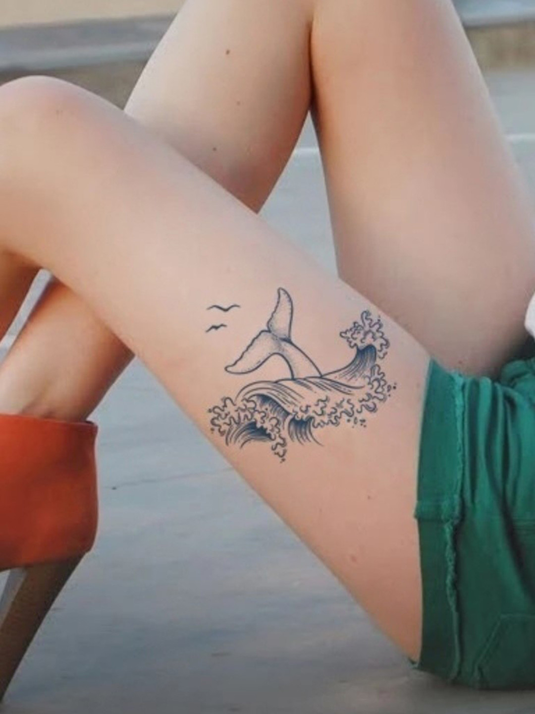 LICK Plant Base Semi Temporary Fish Tail Sea Waves Matte Finish Body Tattoo - Navy Blue