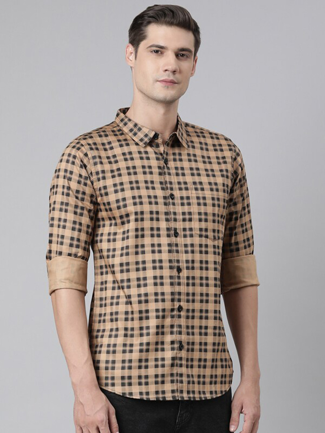 Broon Tartan Checked Spread Collar Pure Cotton Casual Shirt