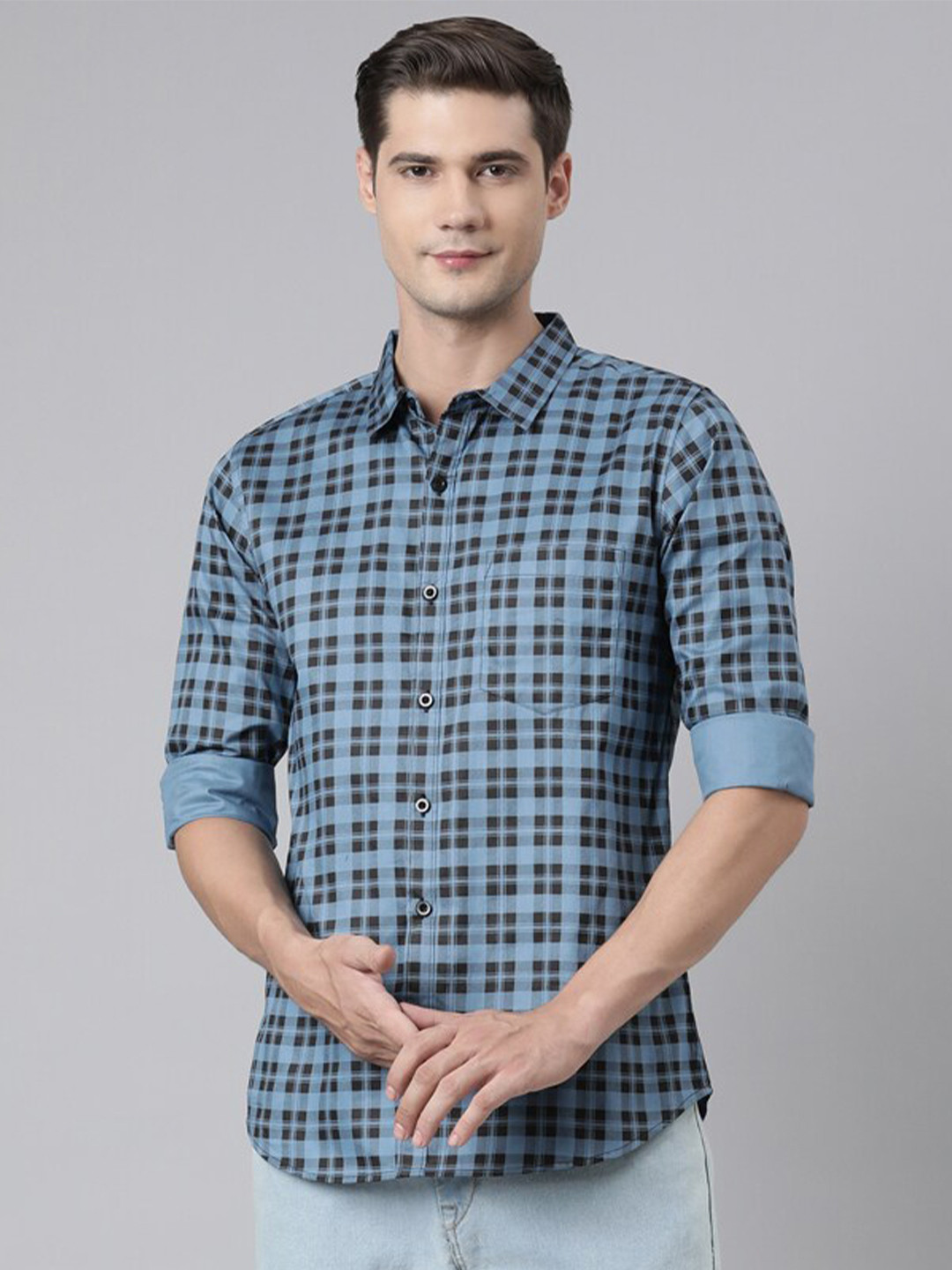 Broon Tartan Checked Spread Collar Pure Cotton Casual Shirt