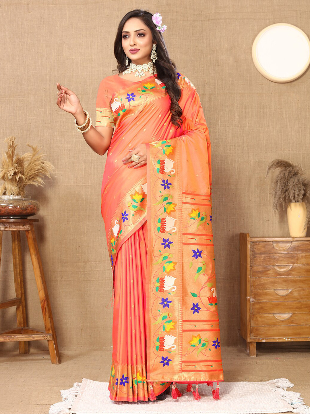 Lookslady Floral Woven Design Zari Art Silk Paithani Saree