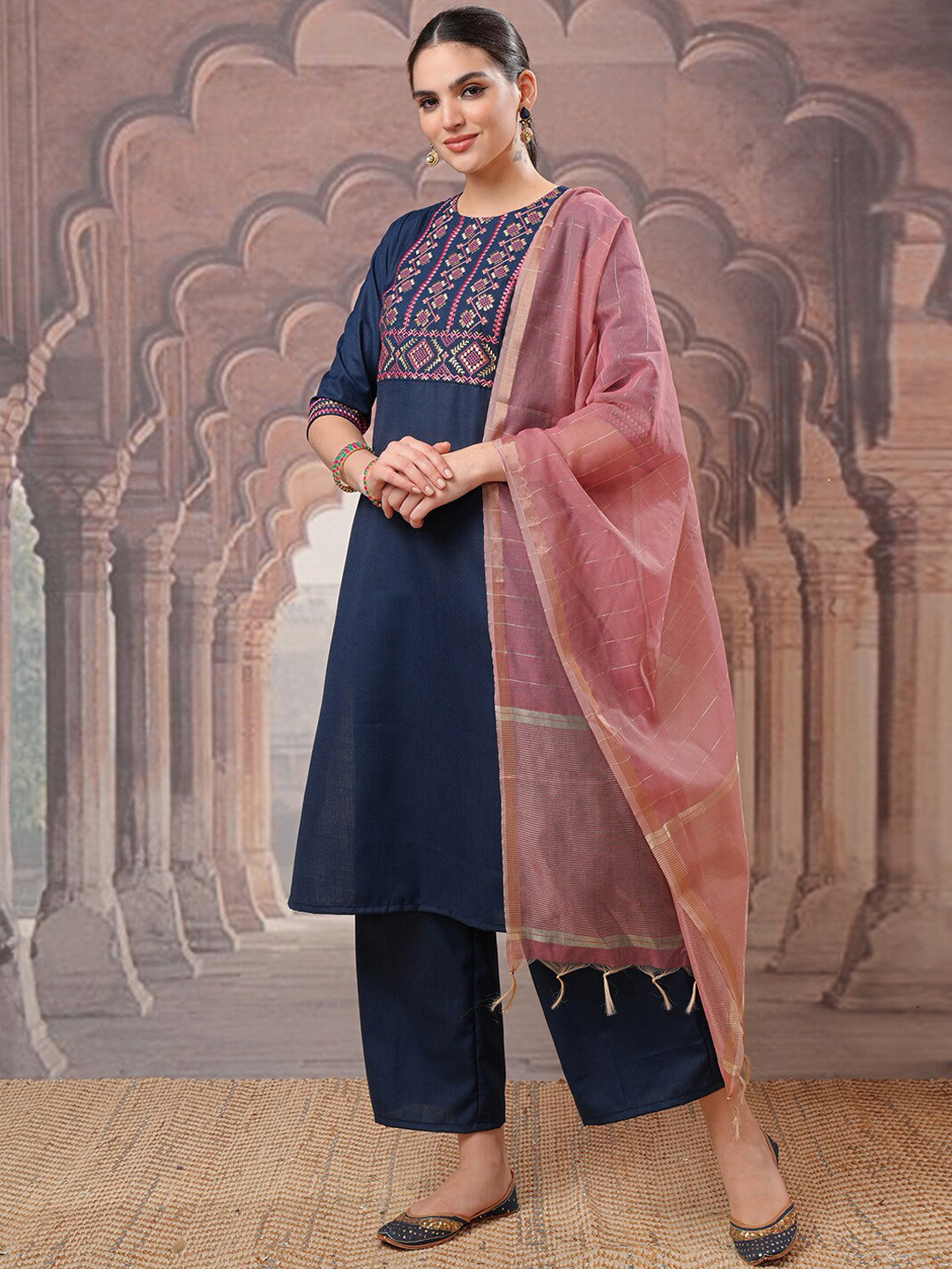 Vishudh Embroidered Regular Thread Work Kurta with Palazzos & With Dupatta