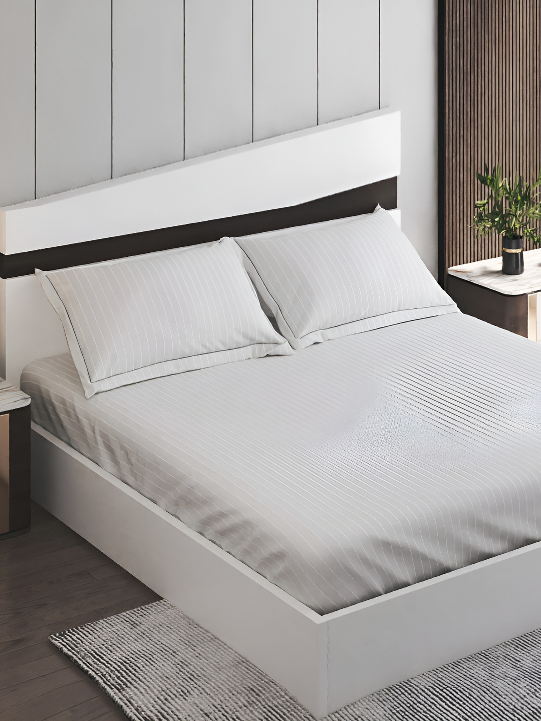 Home Centre Campbell White Striped Cotton 210 TC King Fine Bedsheet with 2 Pillow Covers-108 x 108 inches