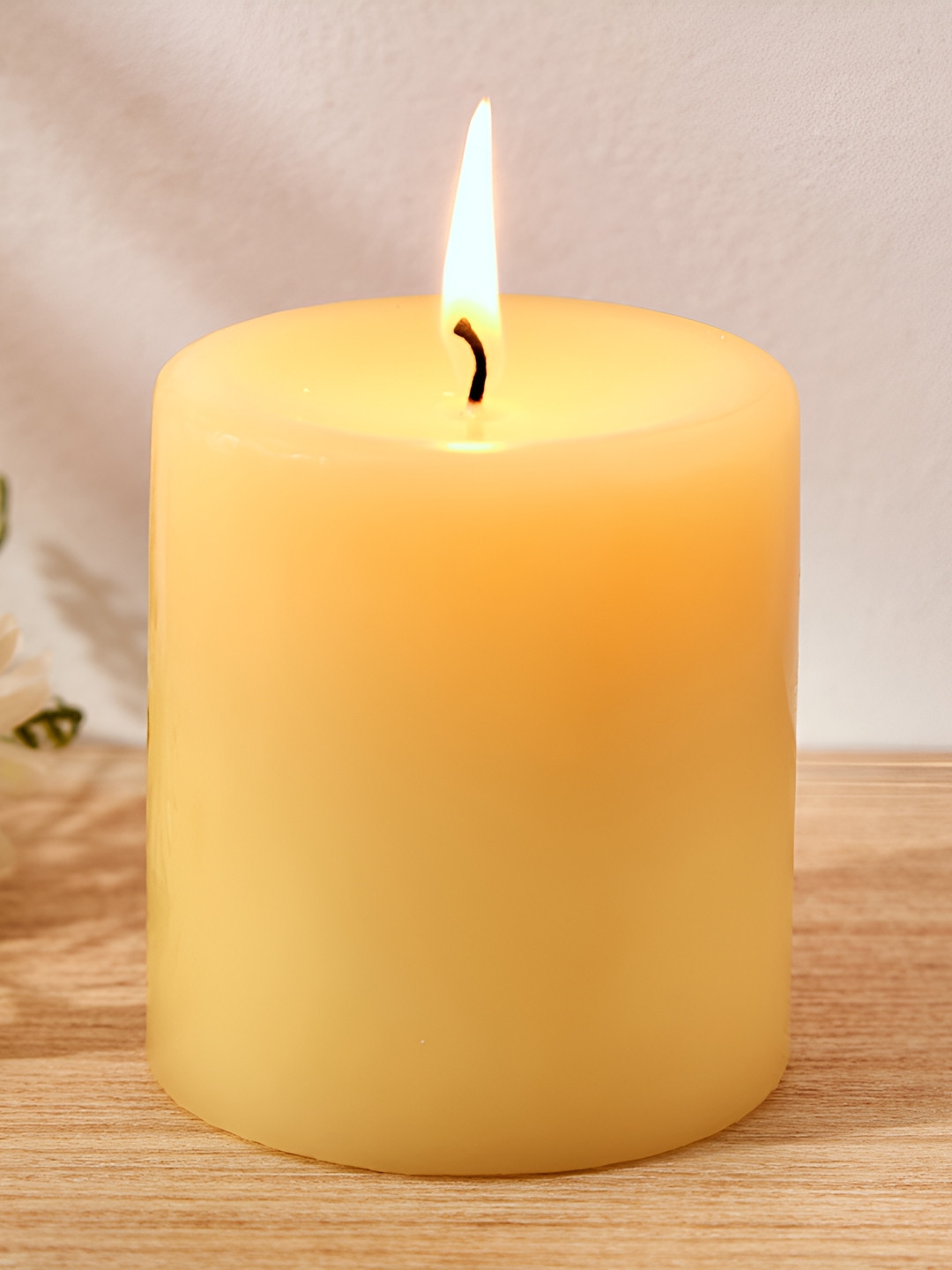 Home Centre Colour Refresh Scented 1 Wick Lemon Solid Geometric Regular Pillar Candles