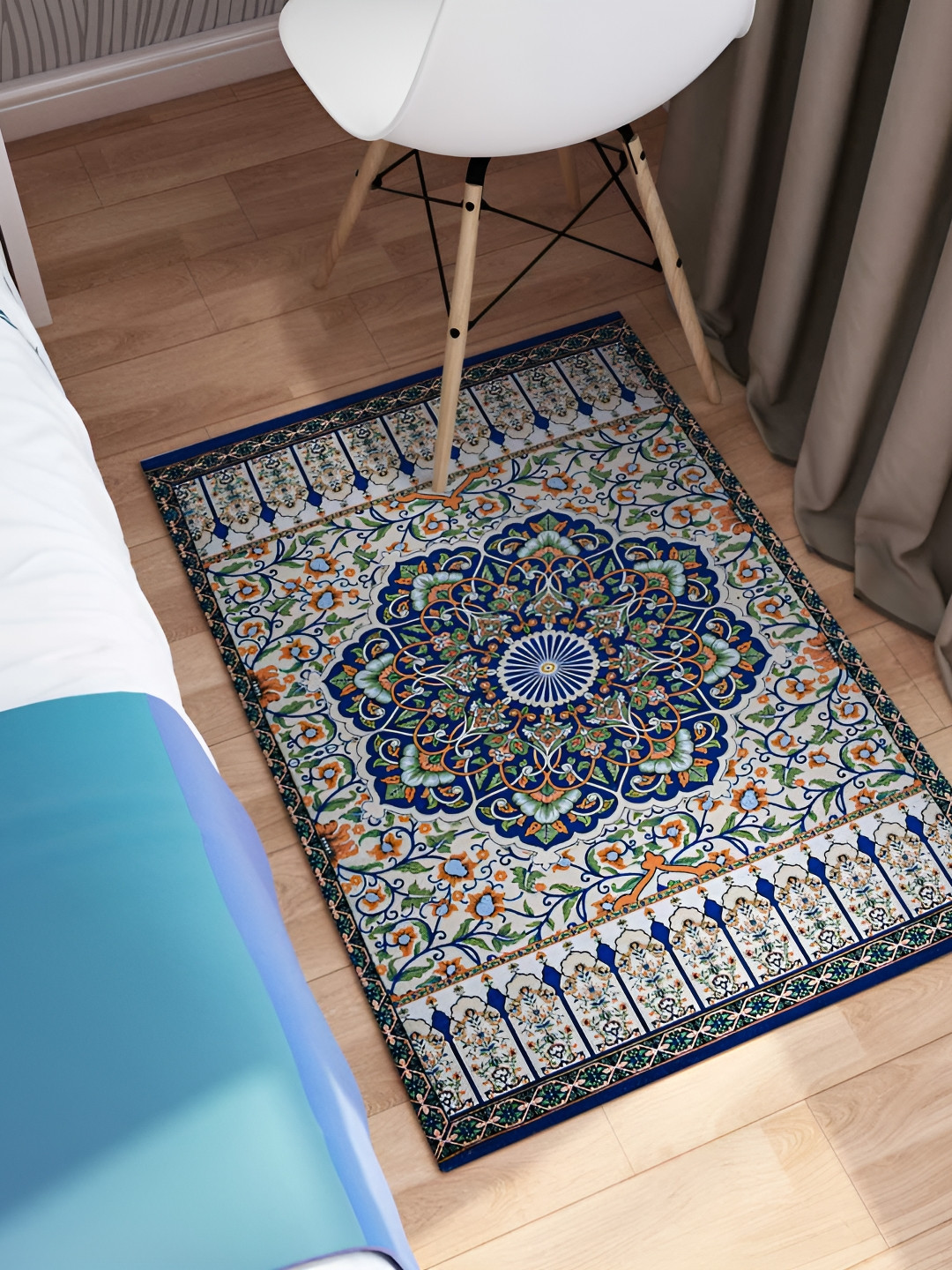RANGOLI Blue & White Ethnic Motifs Printed Anti-Skid Cotton Carpet