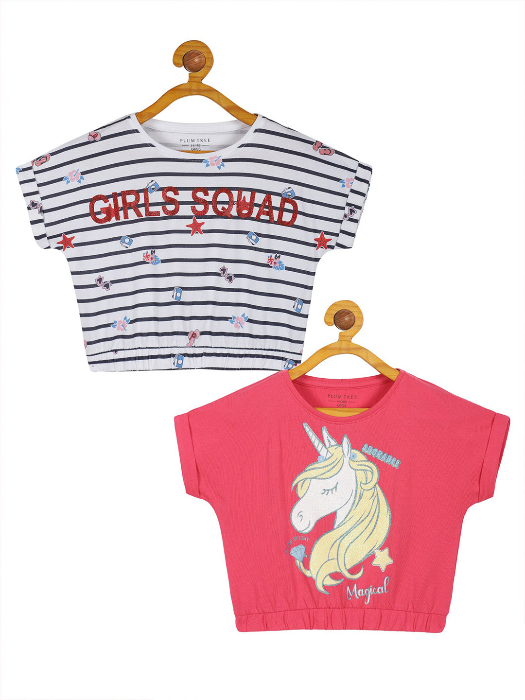 PLUM TREE Girls Pack of 2 Round Neck Extended Sleeves Graphic Printed Cotton Crop Top