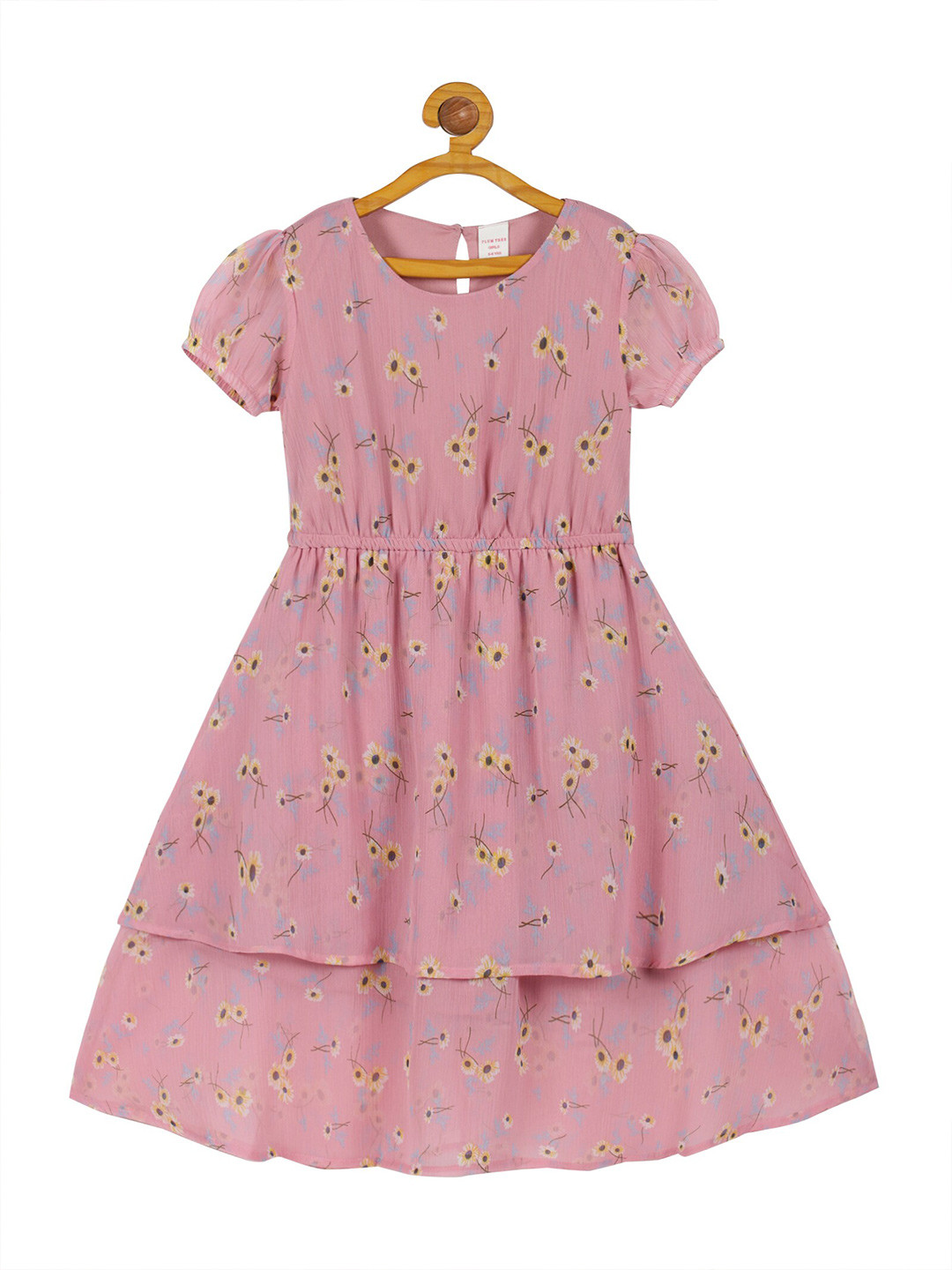 PLUM TREE Girls Floral Print Puff Sleeve Chiffon A-Line Dress