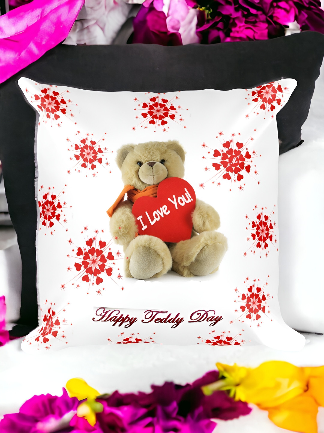bettergiftflowers White & Red Teddy Printed Square Cushions