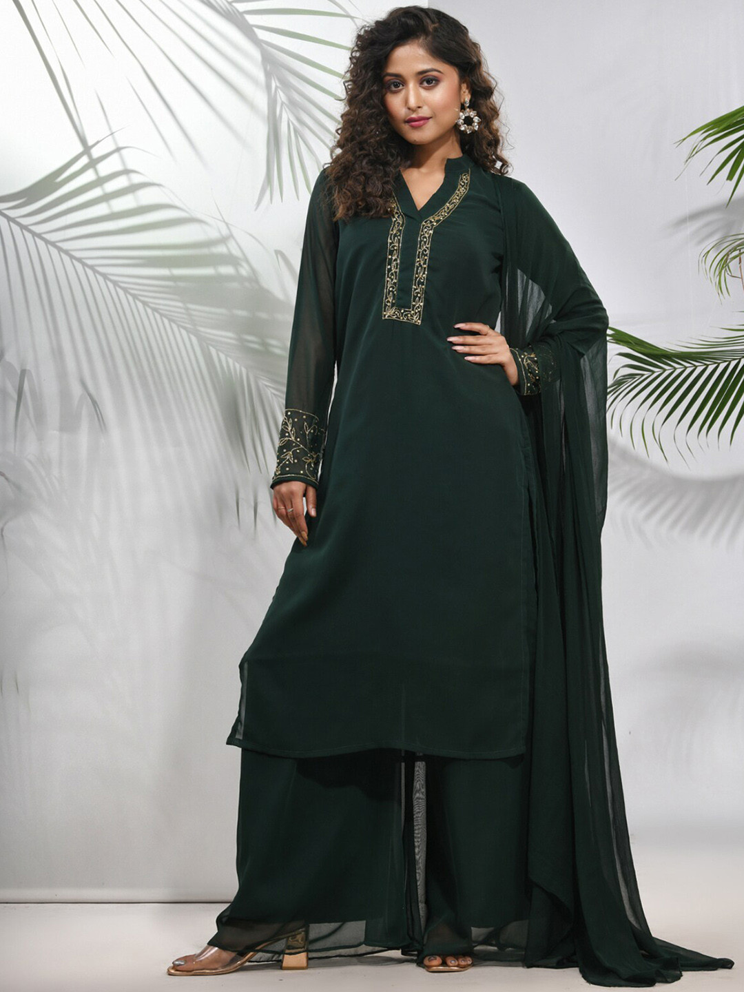 Charukriti Floral Yoke Design Georgette V-Neck Beads and Stones Straight Kurta Set