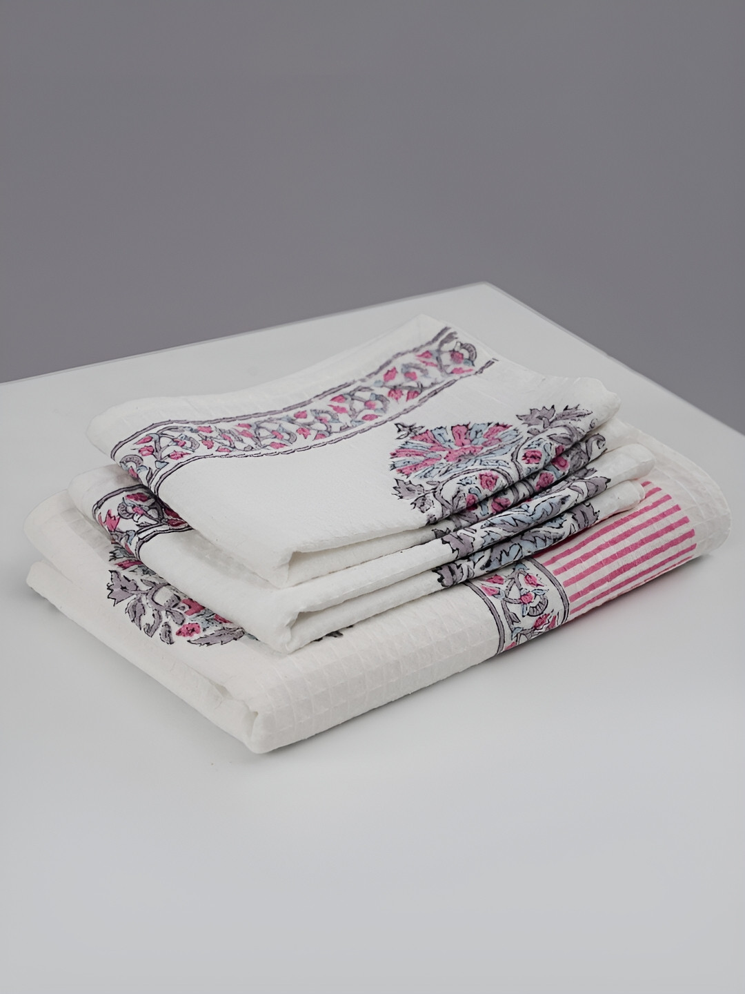 Peepul Tree Piece of 3 White & Pink Block Printed Cotton Waffle Towel Set