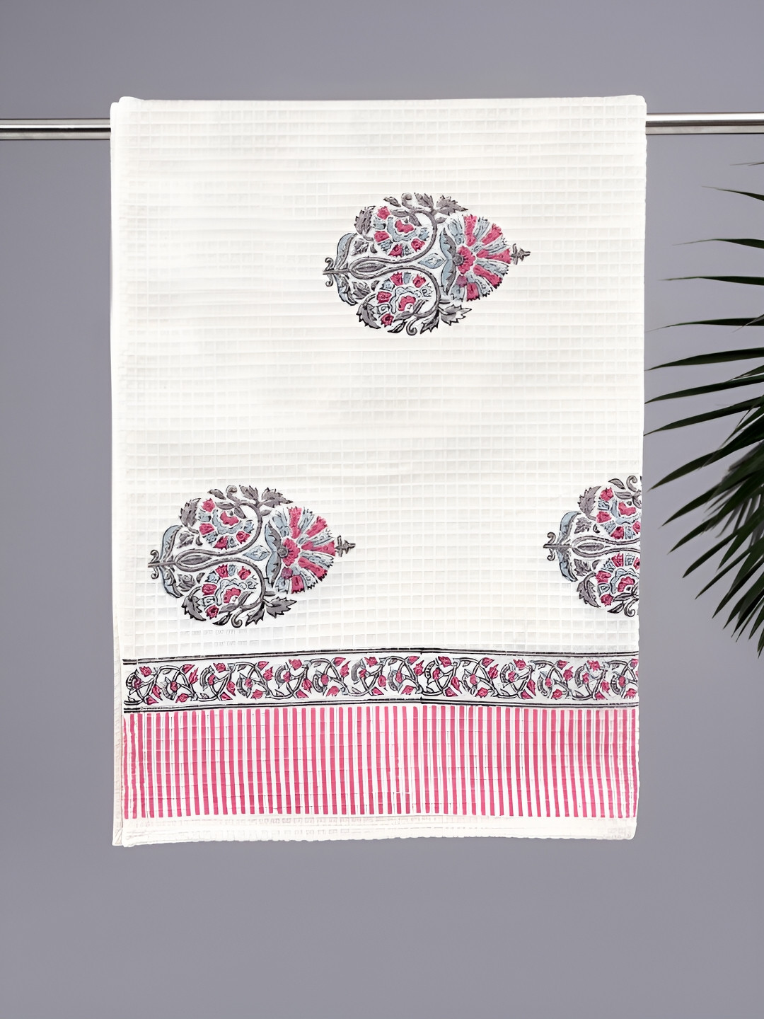 Peepul Tree Block Printed Cotton 300 GSM Waffle Bath Towel