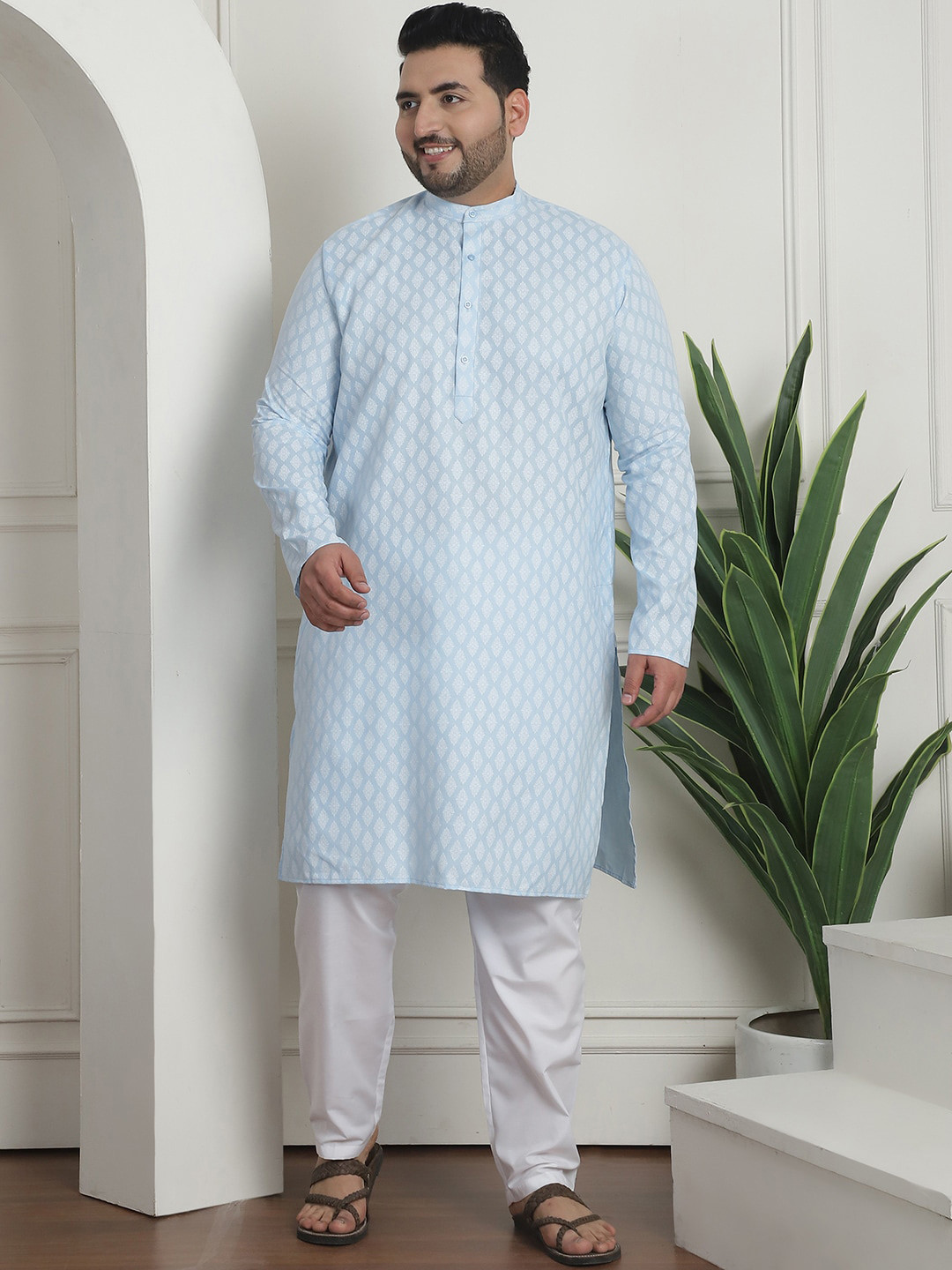 SOJANYA PLUS Plus Size Printed Mandarin Collar Kurta with Churidar Pyjama