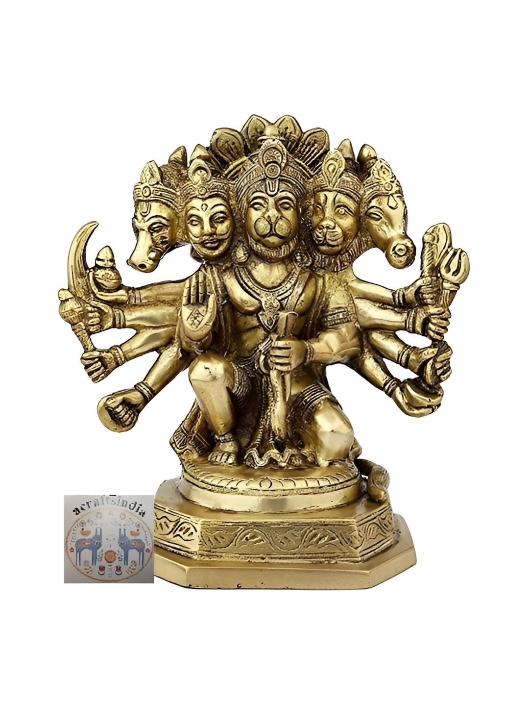 acraftsindia Five Face Hanuman Yellow Brass Metallic Prayer Room Small Showpiece - 7.1 Inches