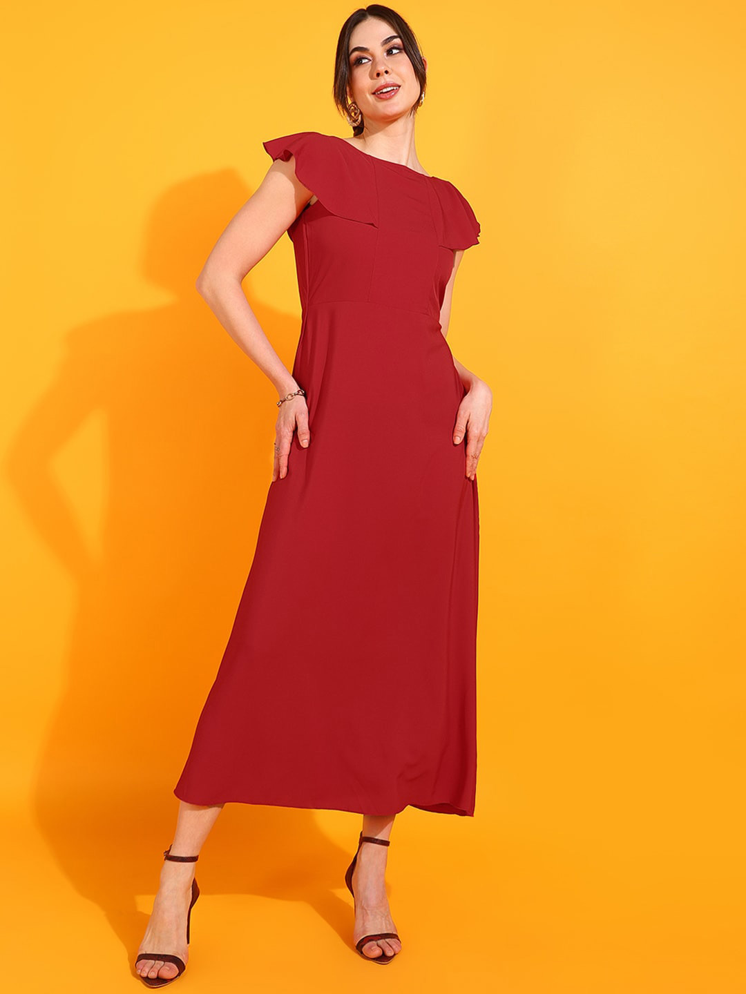 DressBerry Red Georgette Flared Maxi Knitted Dress