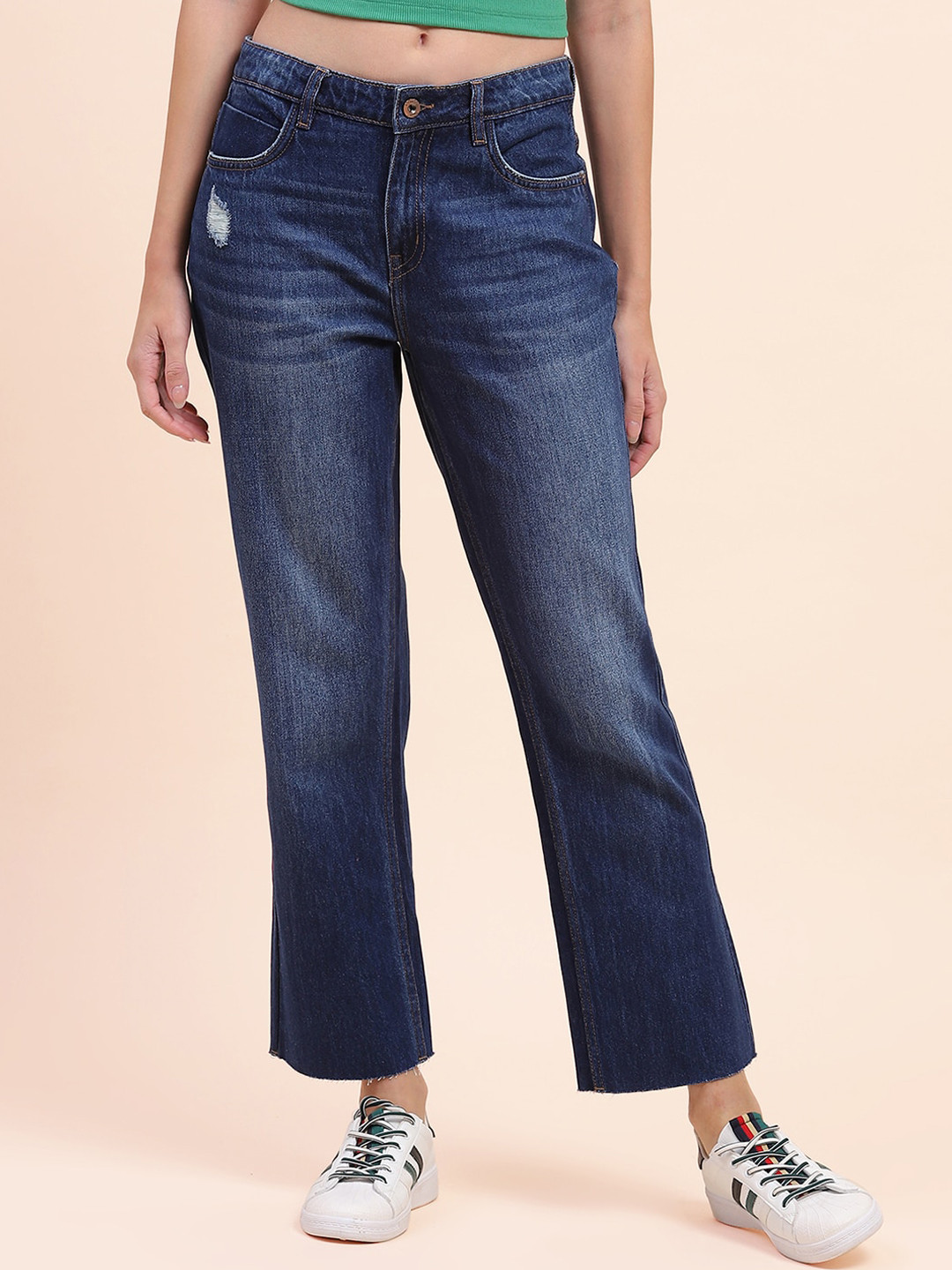 CAMLA Women Flared Low Distress Light Fade Pure Cotton Jeans