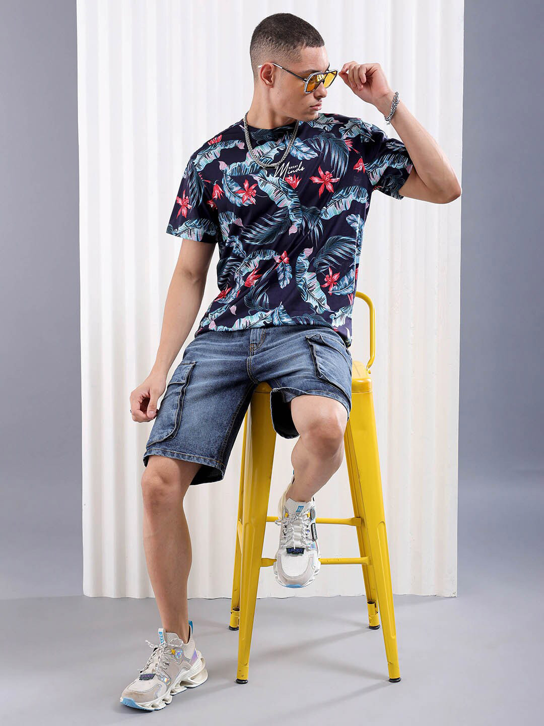 The Indian Garage Co Navy Blue Tropical Printed Slim Fit T-shirt