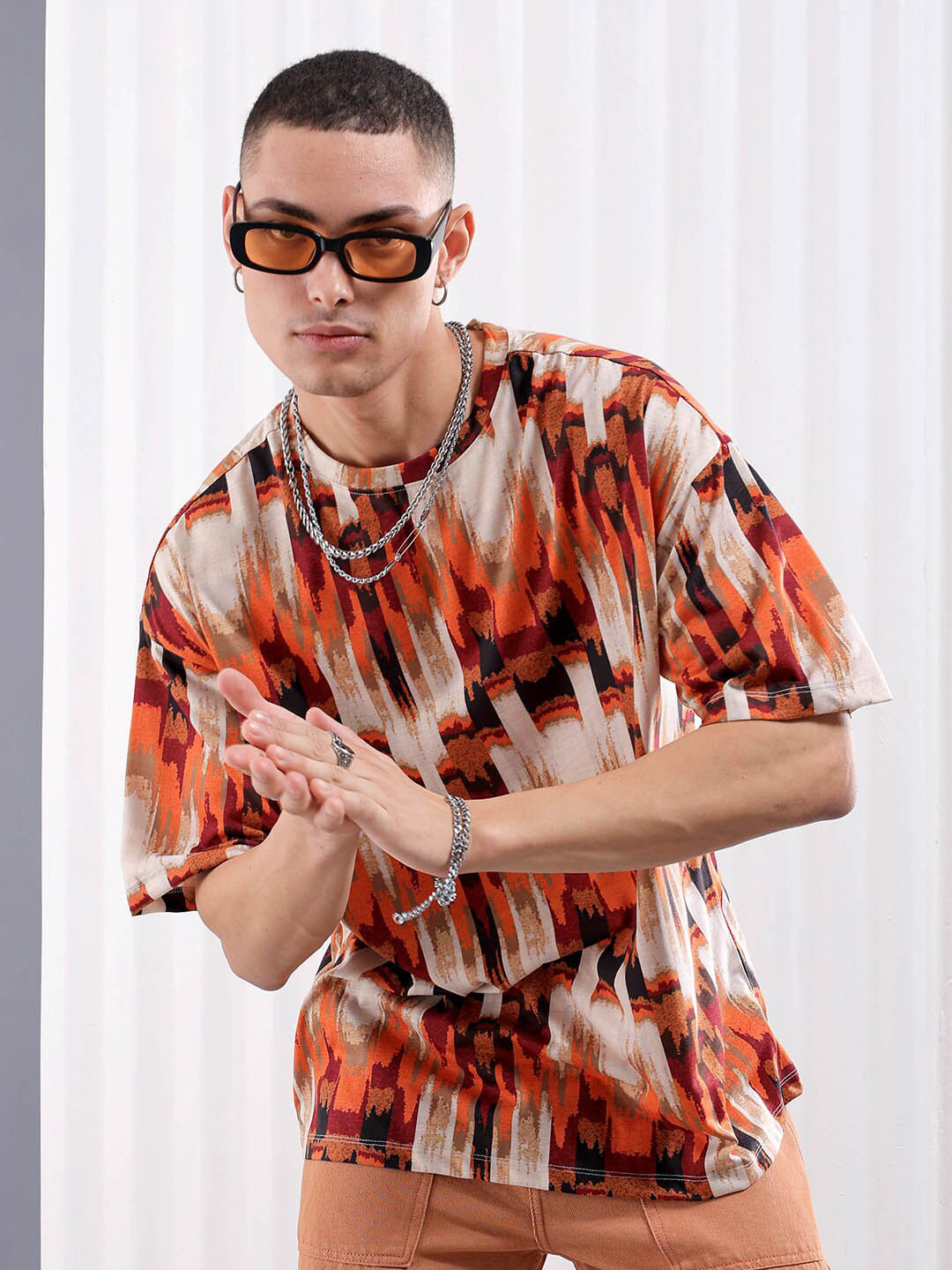 The Indian Garage Co Beige Abstract Printed Drop Shoulder Sleeves Oversized T-shirt