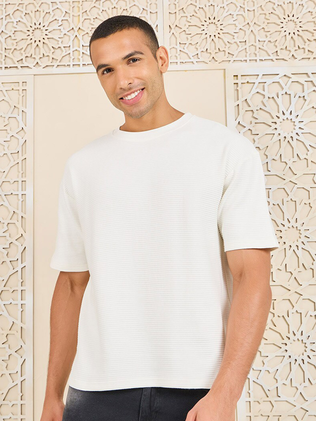 Styli Cream-Coloured Premium Ottoman Knit Drop-Shoulder Sleeves Cotton Oversized T-shirt