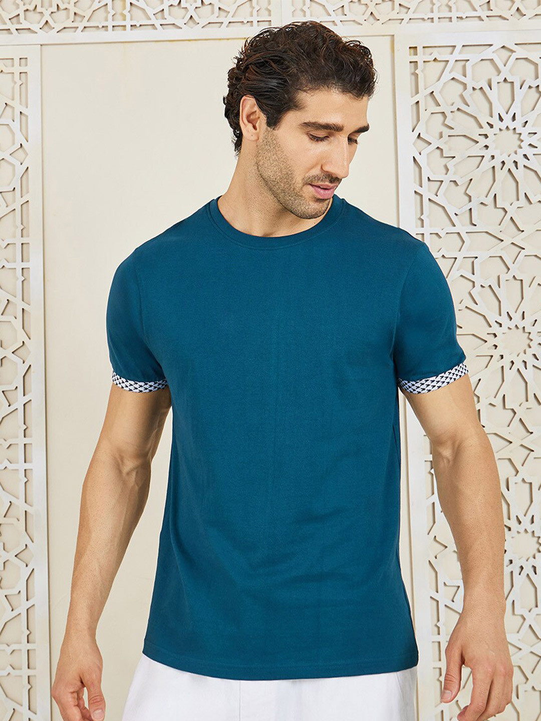 Styli Teal Blue Premium Heavy Jersey Cotton T-shirt With Sleeve Jacquard Tape Detail