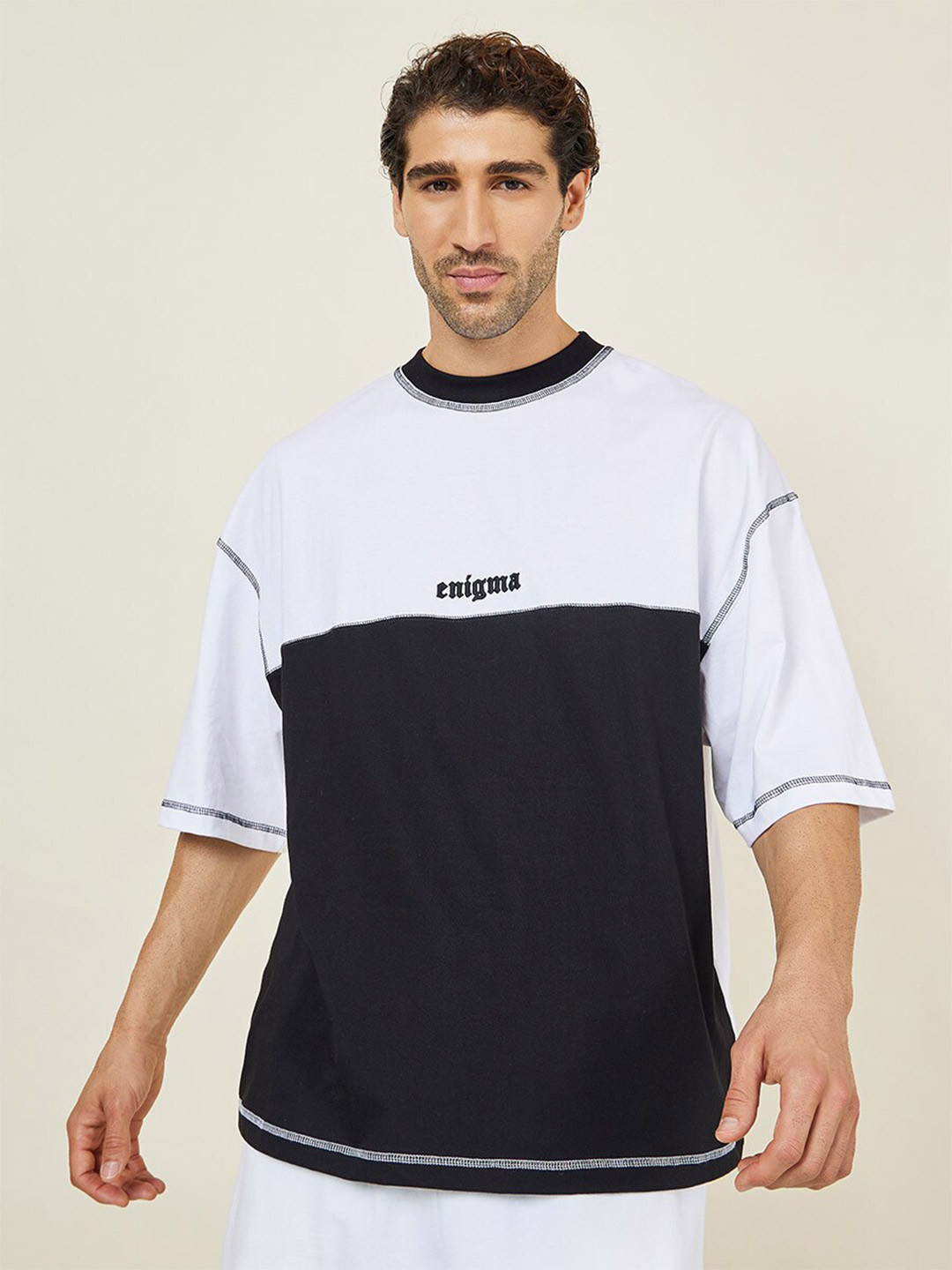 Styli Black & White Colourblocked Cotton Boxy T-shirt With Minimal Embroidery