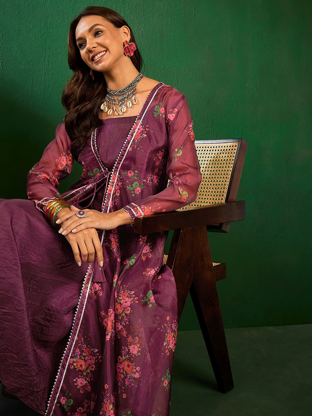 Sangria Women Solid Gown with Floral Printed Lace up Jacket