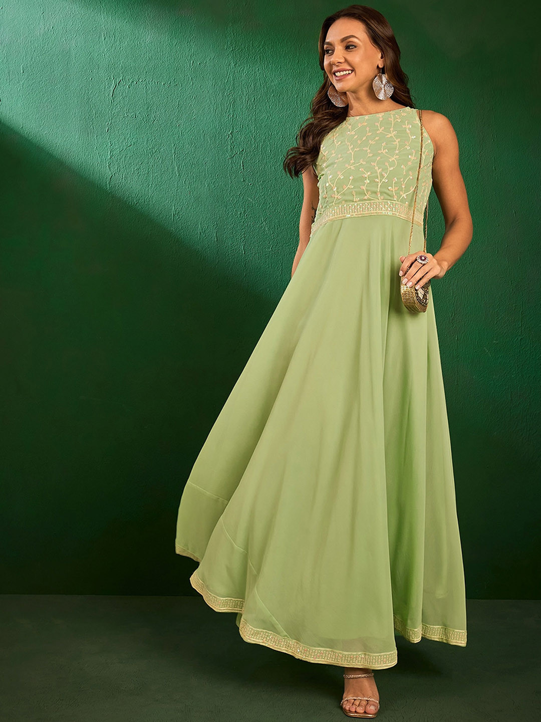 Sangria Green Floral Embroidered Georgette Fit and Flare Maxi Ethnic Dresses