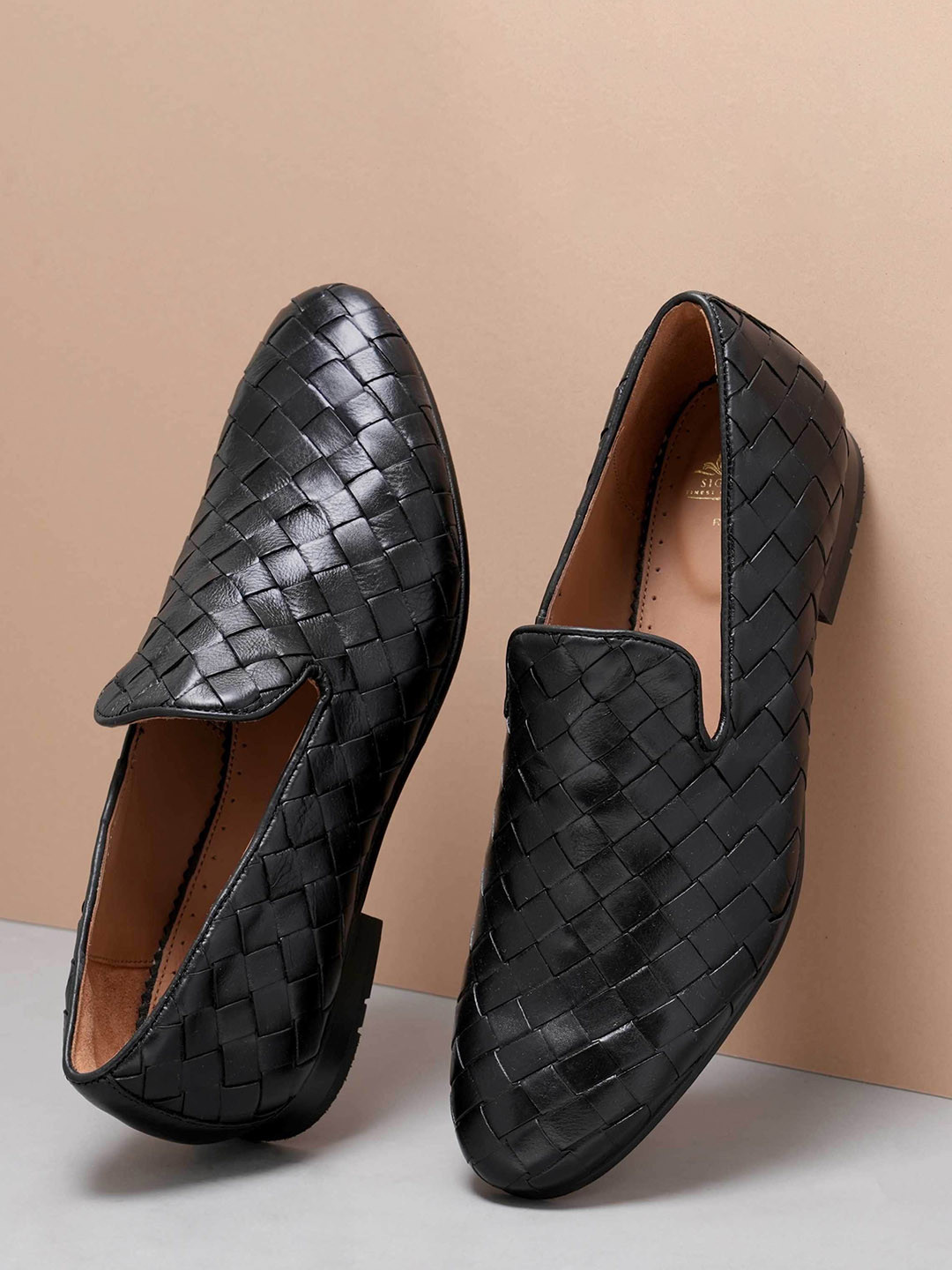 Ruosh Men Textured Leather Woven Formal Slip-On Shoes