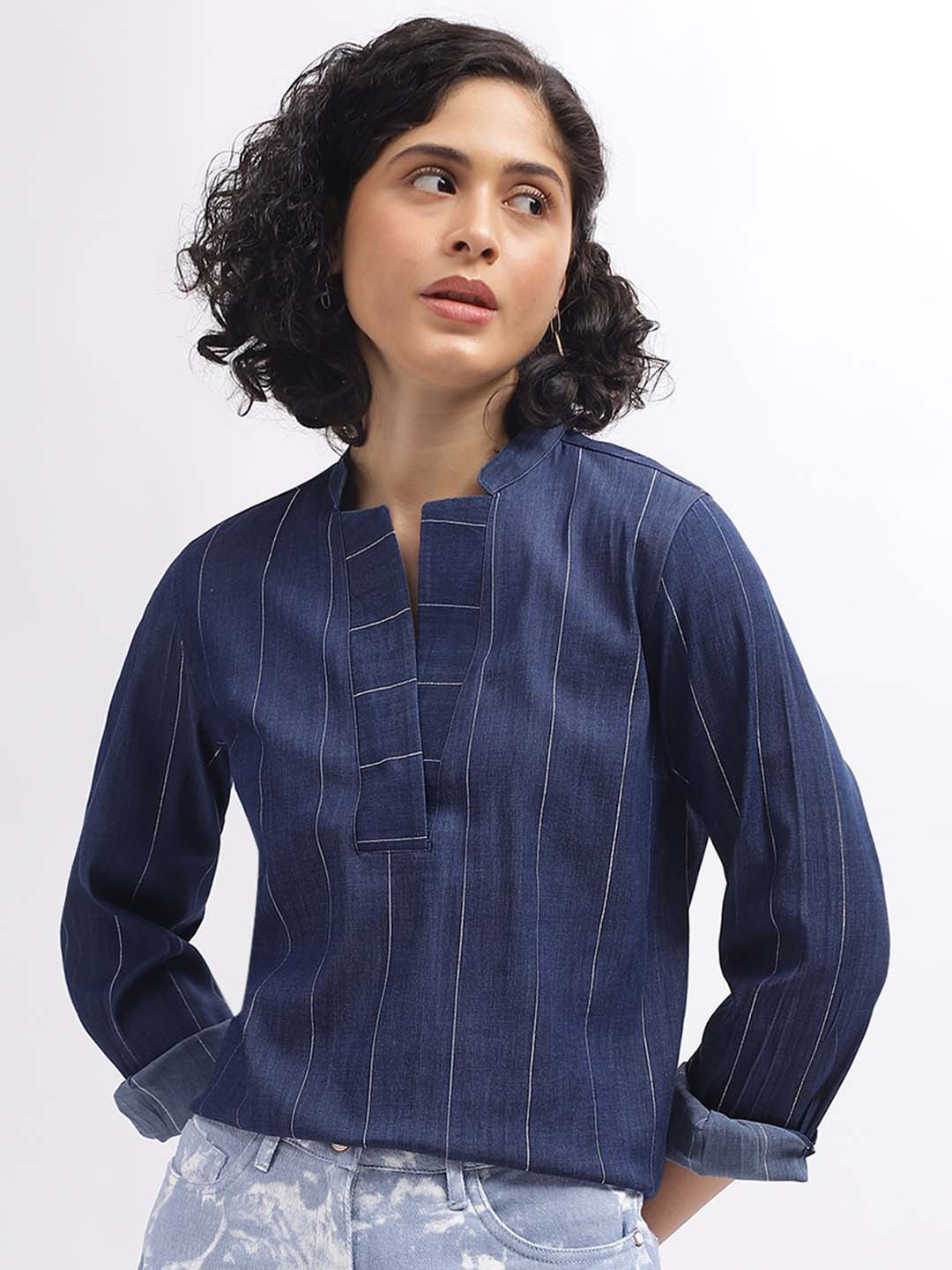 Iconic Striped Mandarin Collar Long Roll Up Sleeves Cotton Shirt Style Top