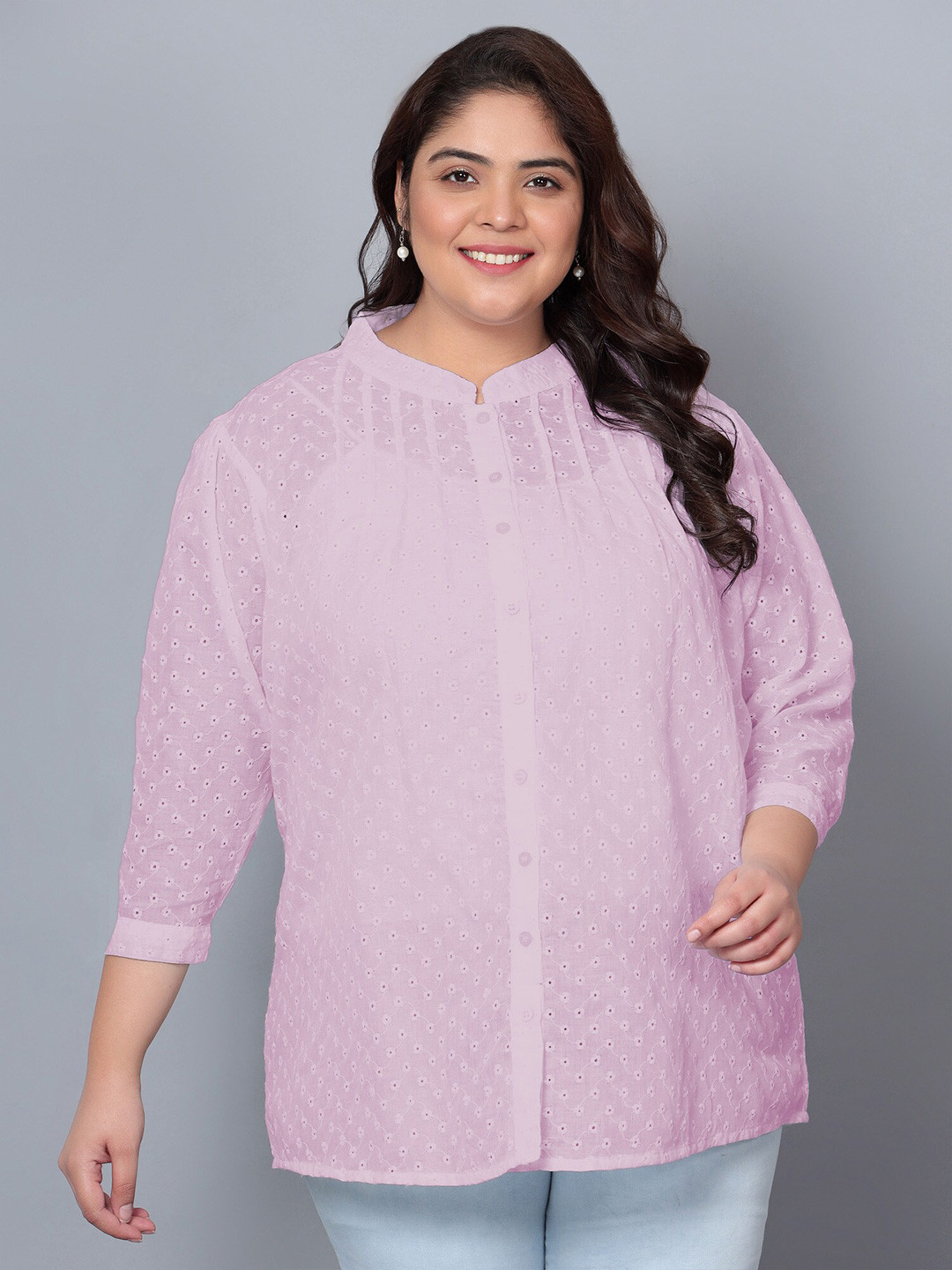 Indietoga Women Plus Size Chikankari Cotton Shirt Style Longline Top with Lining