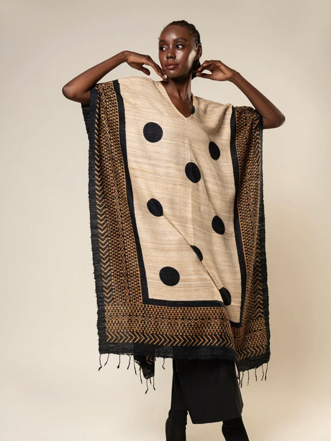 AESHAANE Polka Dots Print Pure Silk 3 In 1 Cape Top