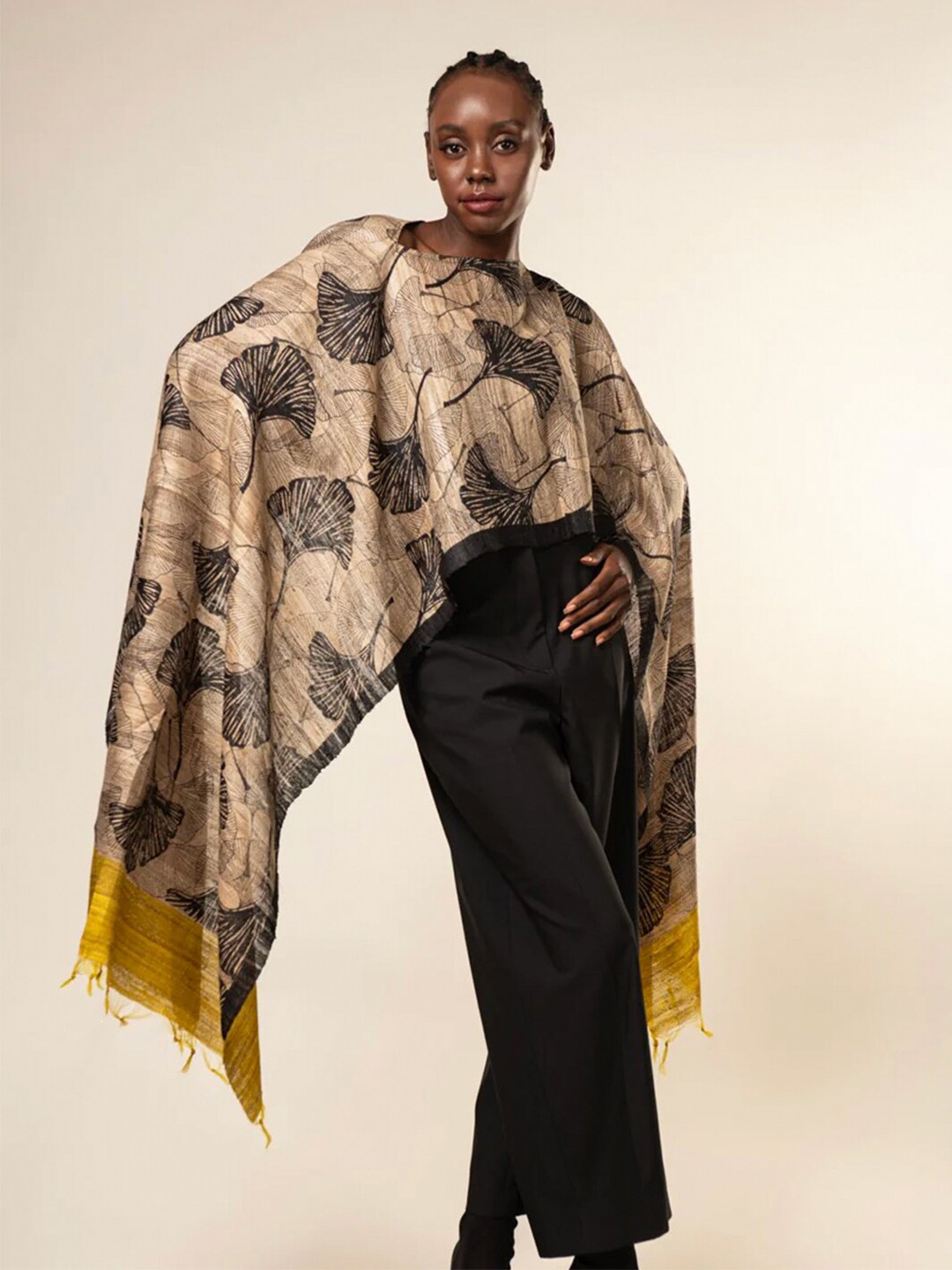 AESHAANE Floral Print V-Neck Pure Silk 3 In 1 Cape Top