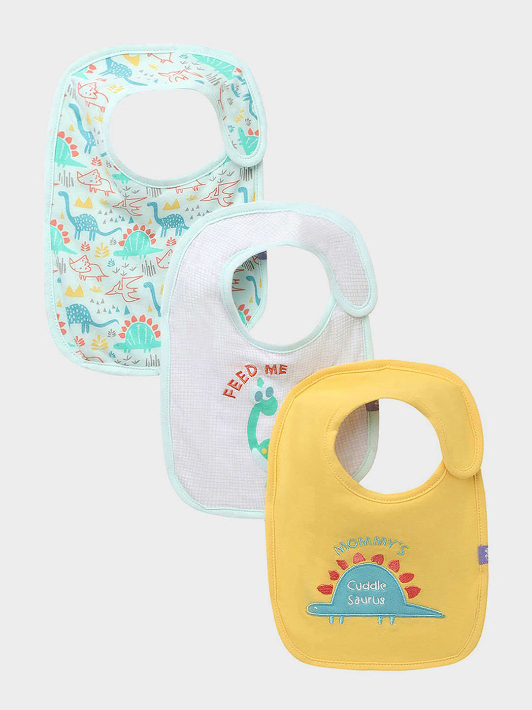 MiArcus 100% Cotton Dino Print Feeding Bib With Velcro Closure 0-3M (Pk Of 3) - Multi